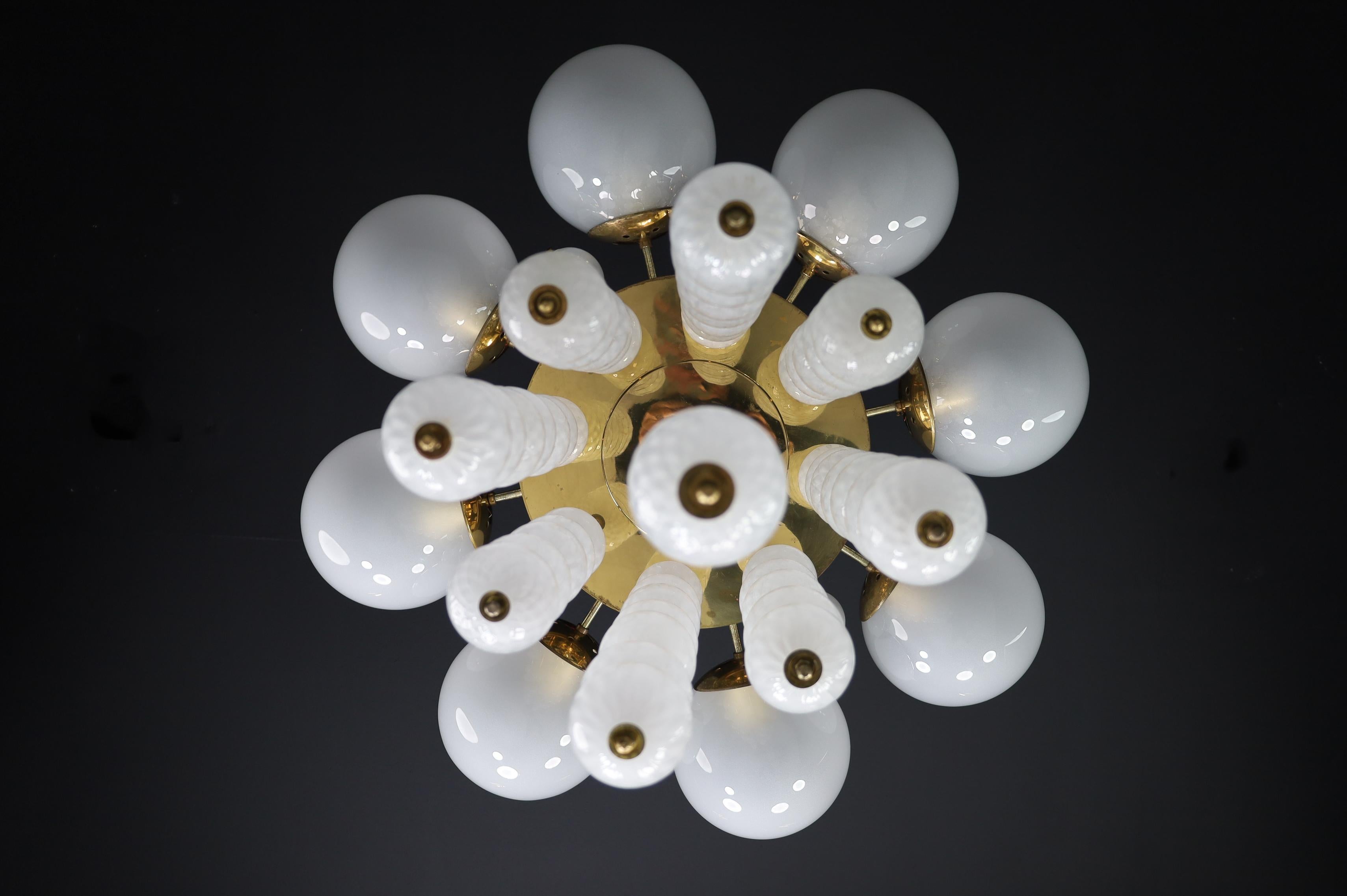 Grand Chandelier with Brass Fixture and Hand-blowed Frosted Glass Globes, 1960s For Sale 7
