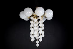 Grand Chandelier with Brass Fixture and Hand-blowed Frosted Glass Globes, 1960s