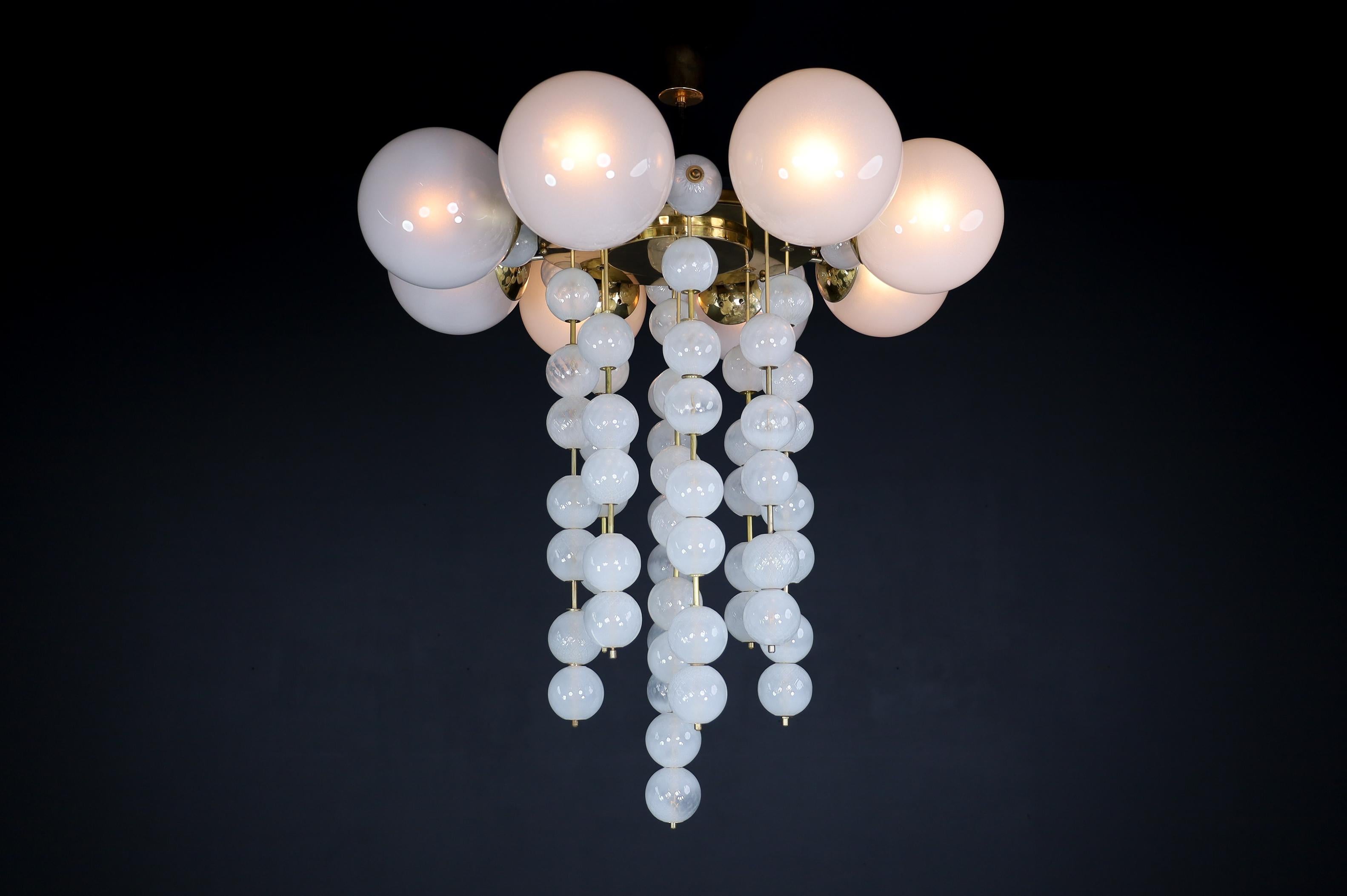 Czech Grand Chandelier with Brass Fixture and Hand-blowed Frosted Glass Globes, 1960s For Sale