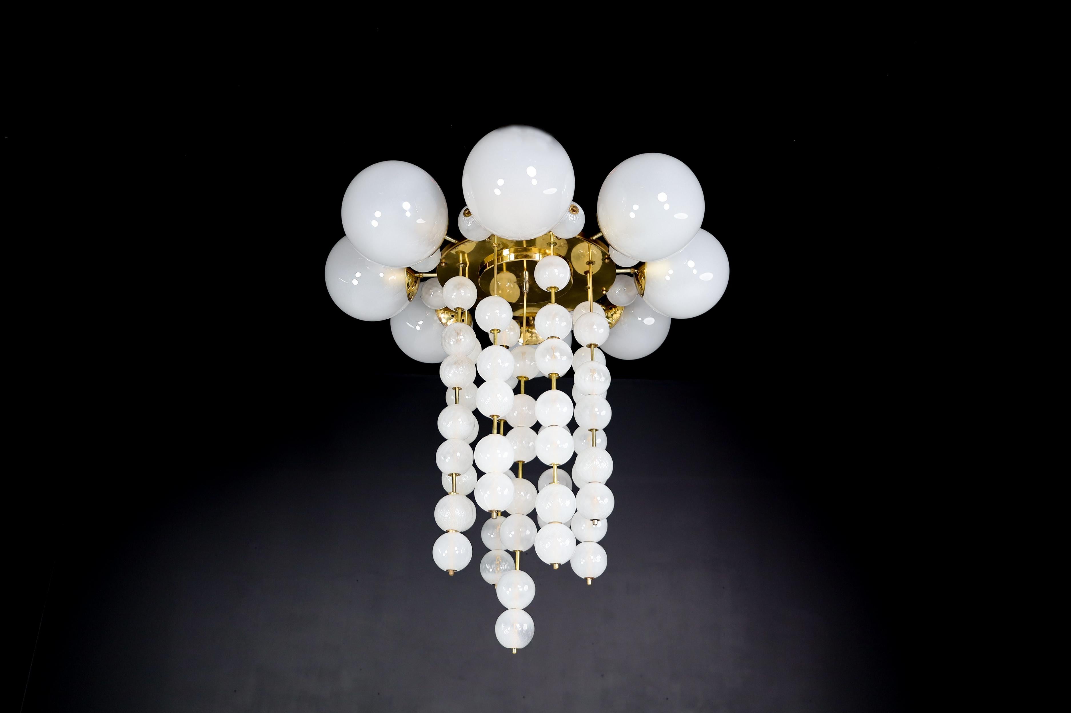 Grand Chandelier with Brass Fixture and Hand-blowed Frosted Glass Globes, 1960s For Sale 3
