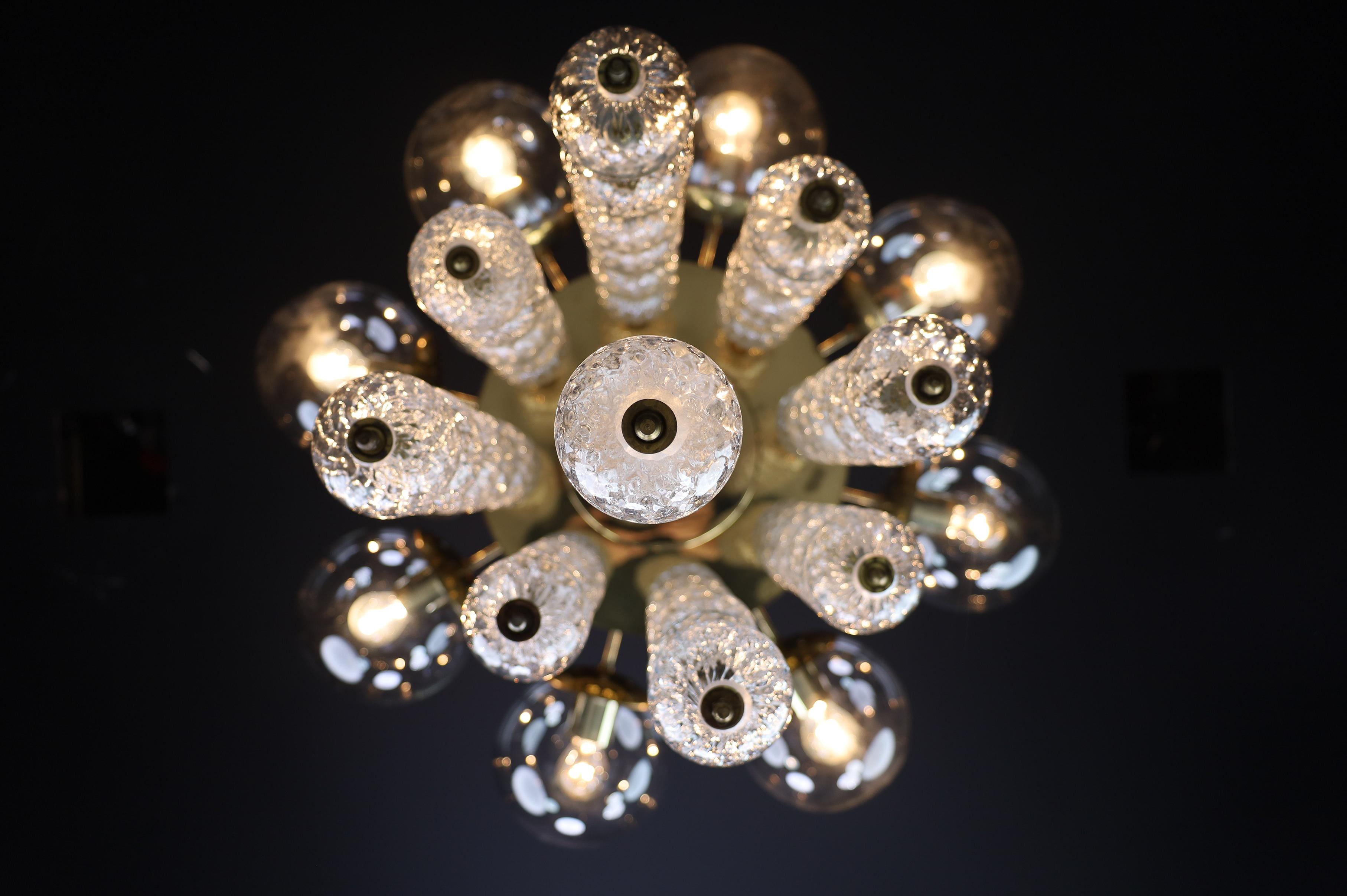 Grand Chandelier with Brass Fixture and Hand-blowed Glass Globes, 1960s For Sale 8