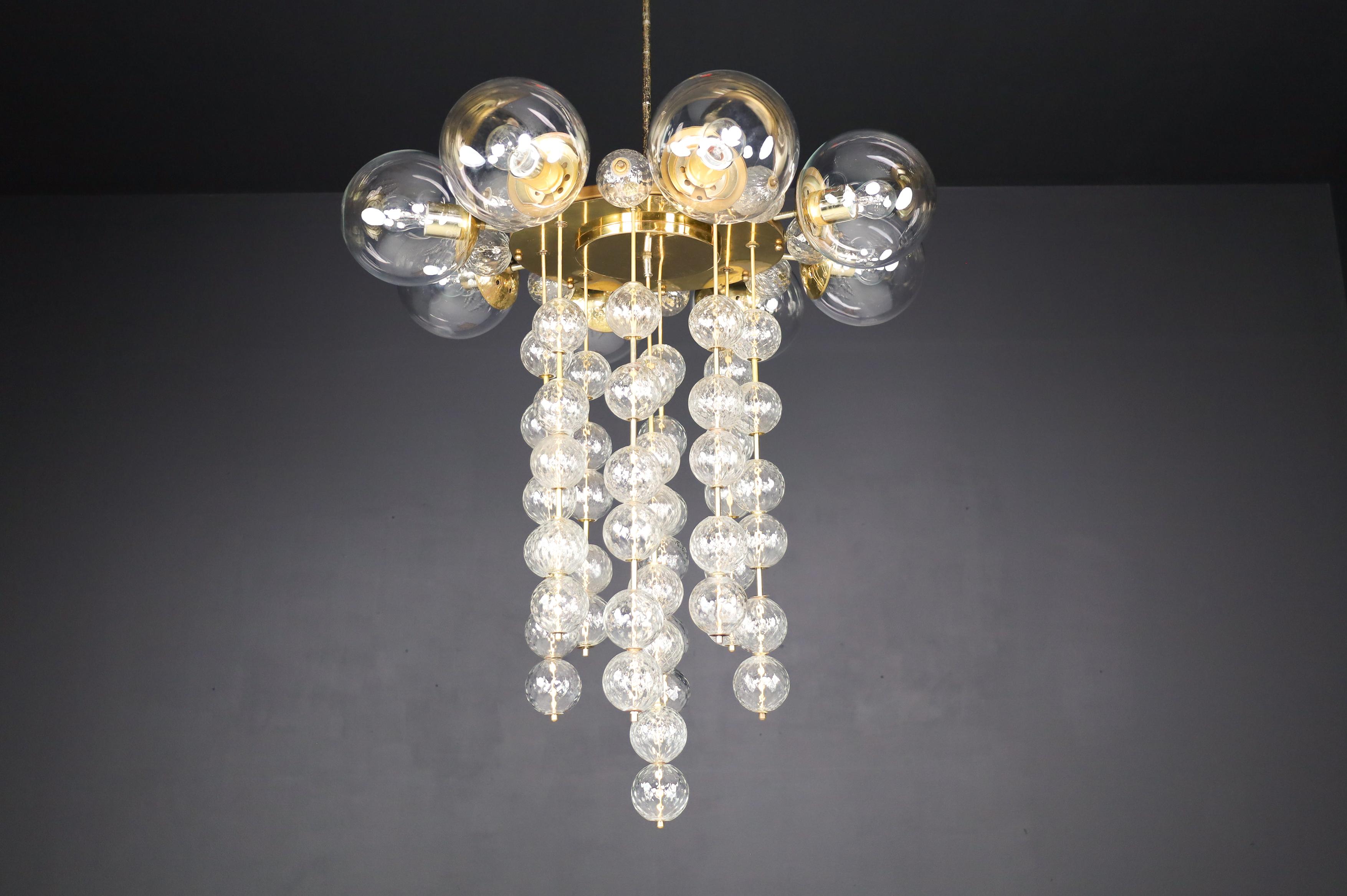 Czech Grand Chandelier with Brass Fixture and Hand-blowed Glass Globes, 1960s For Sale