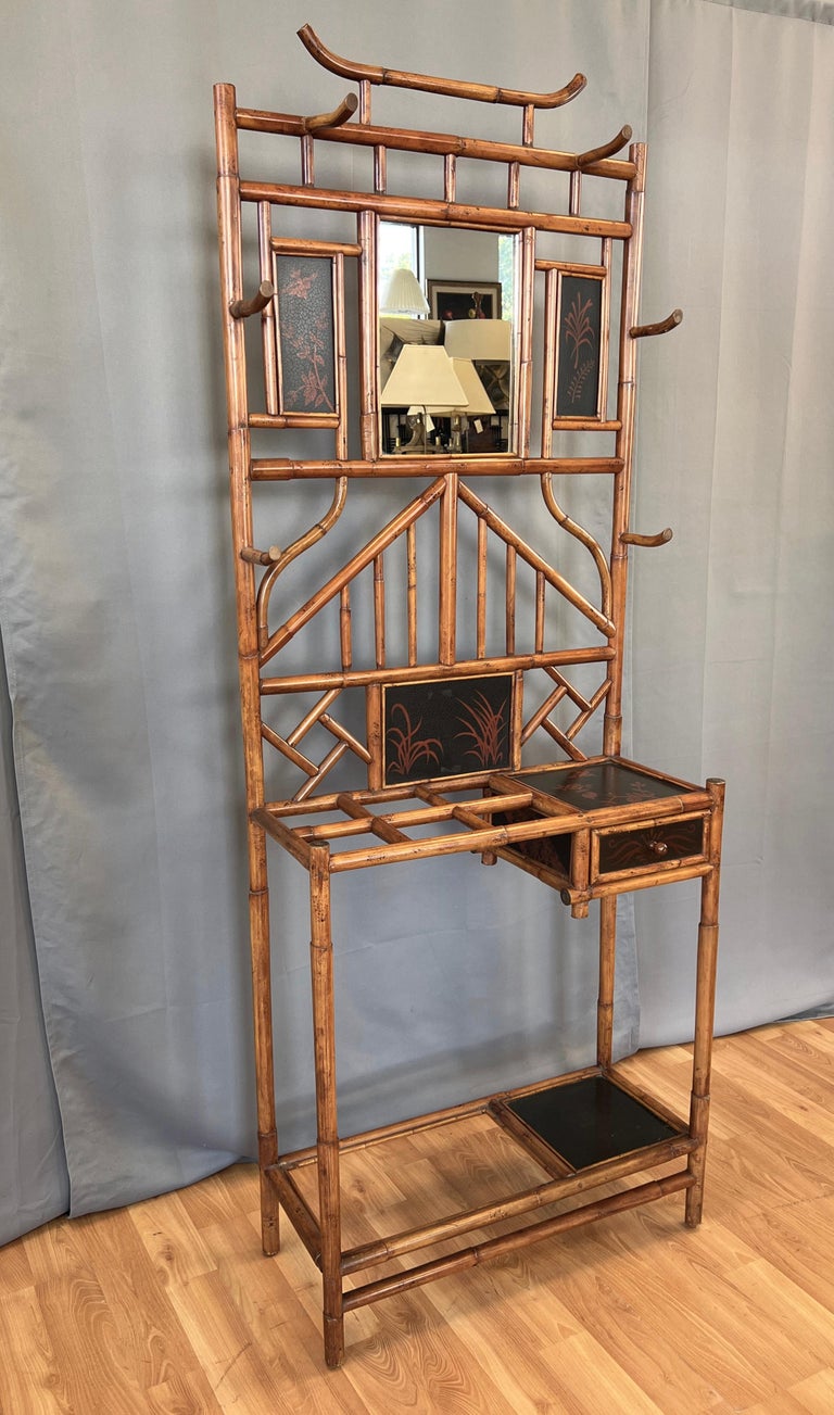 Grand Chinoiserie Style Bamboo Hall Tree with Drawer For Sale at 1stDibs