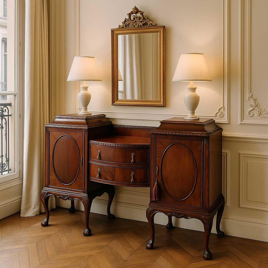 Impiallacciato Grande credenza in stile Chippendale in mogano con piedi a sfera e artiglio, mobile server degli anni '40 in vendita