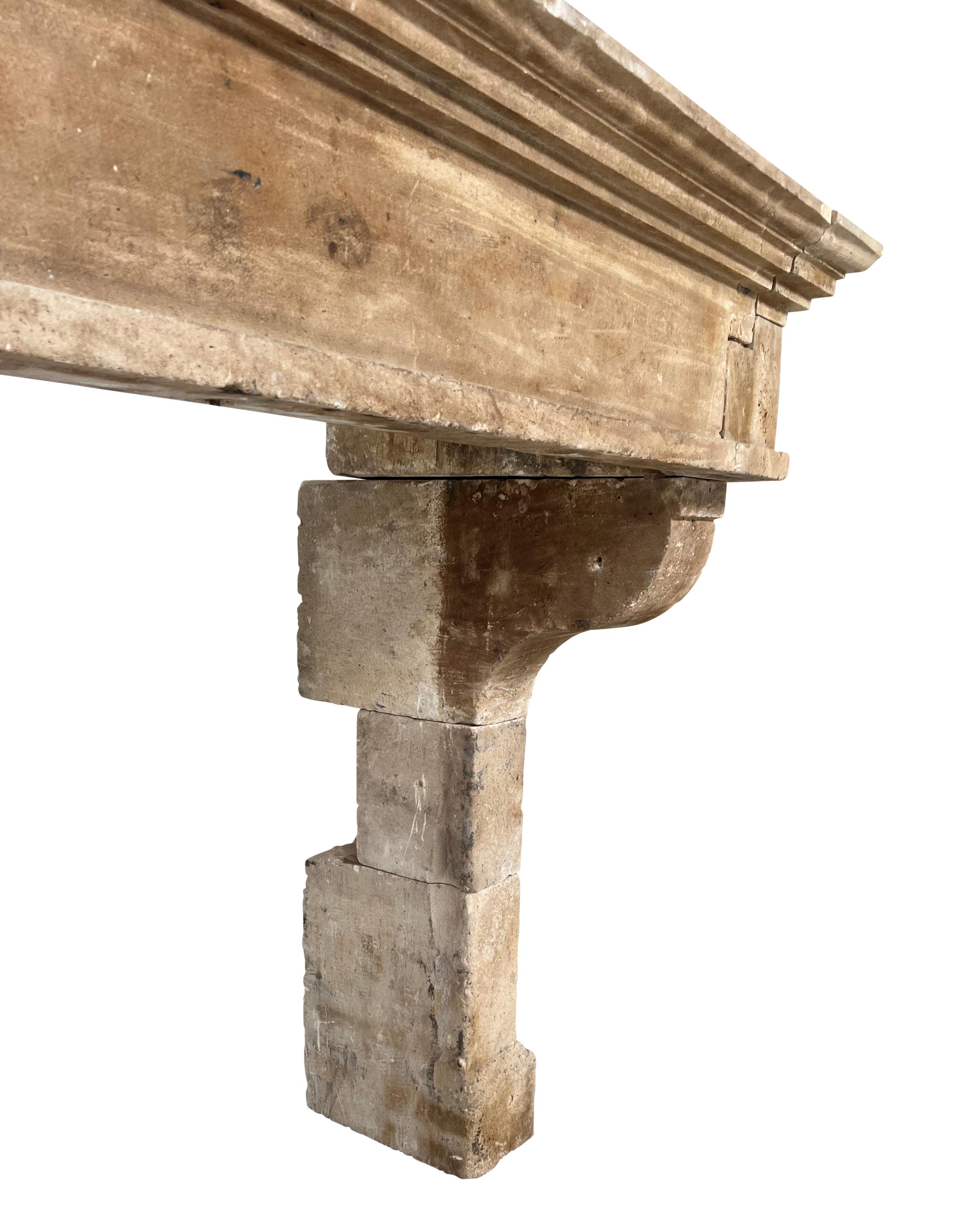 Grand Classic French Louis XIII Timeless Rustic Limestone Fireplace Mantle For Sale 6