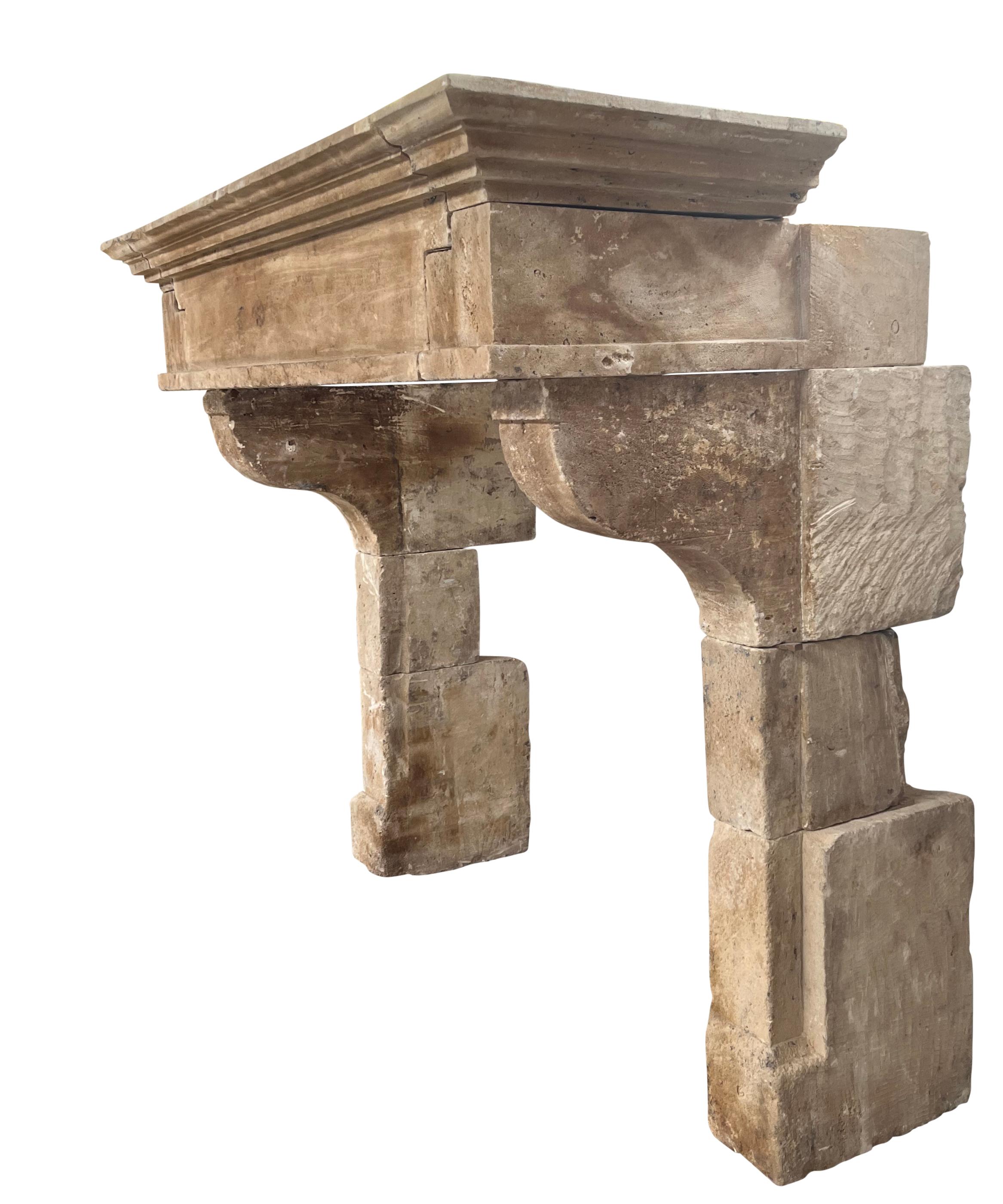 Grand Classic French Louis XIII Timeless Rustic Limestone Fireplace Mantle For Sale 8