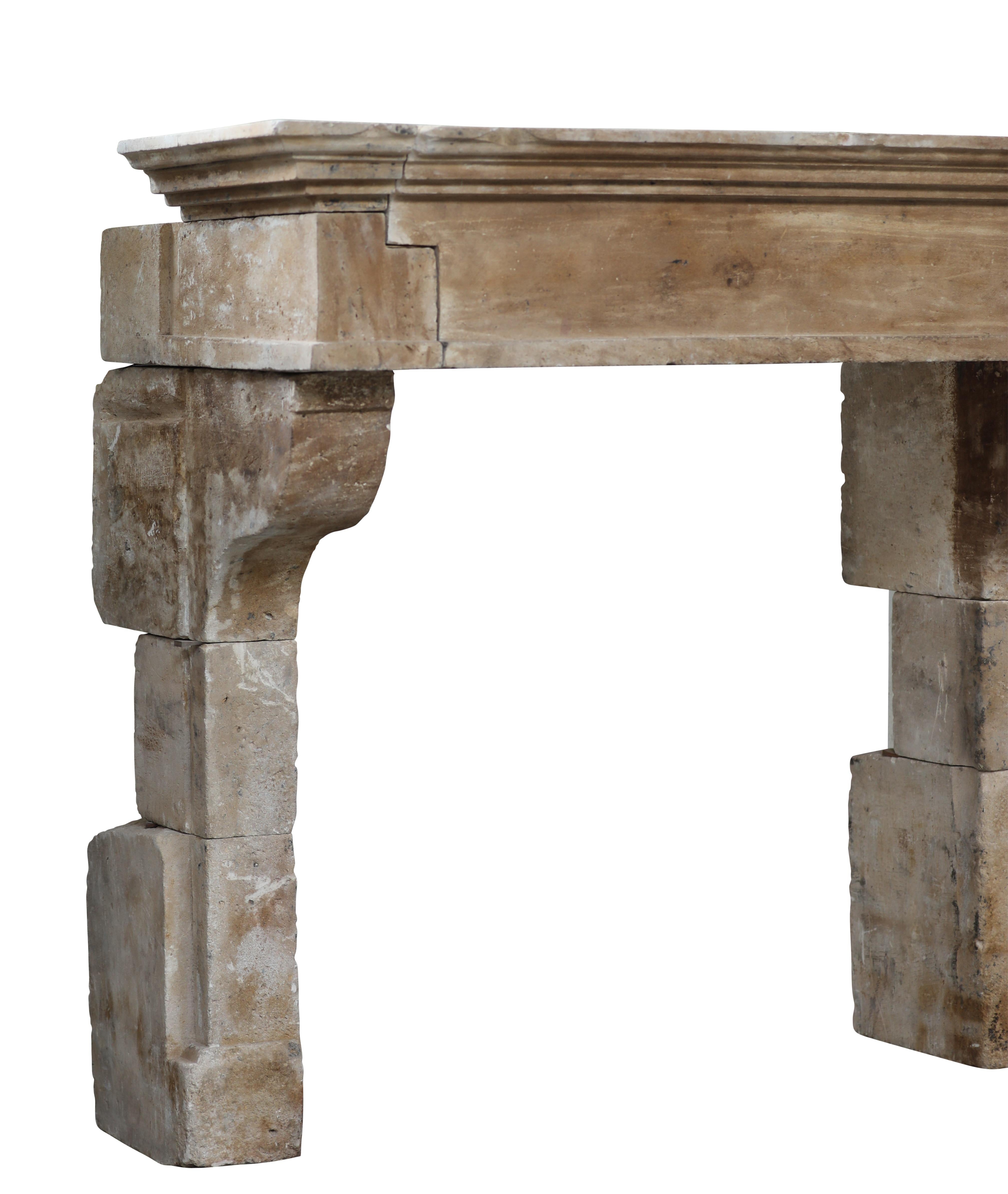 Grand Classic French Louis XIII Timeless Rustic Limestone Fireplace Mantle For Sale 1