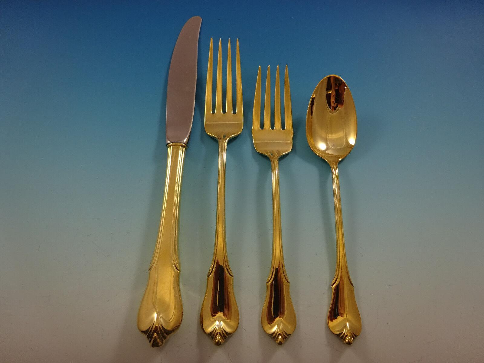 20th Century Grand Colonial by Wallace Sterling Silver Flatware Service 8 Set Gold Vermeil For Sale