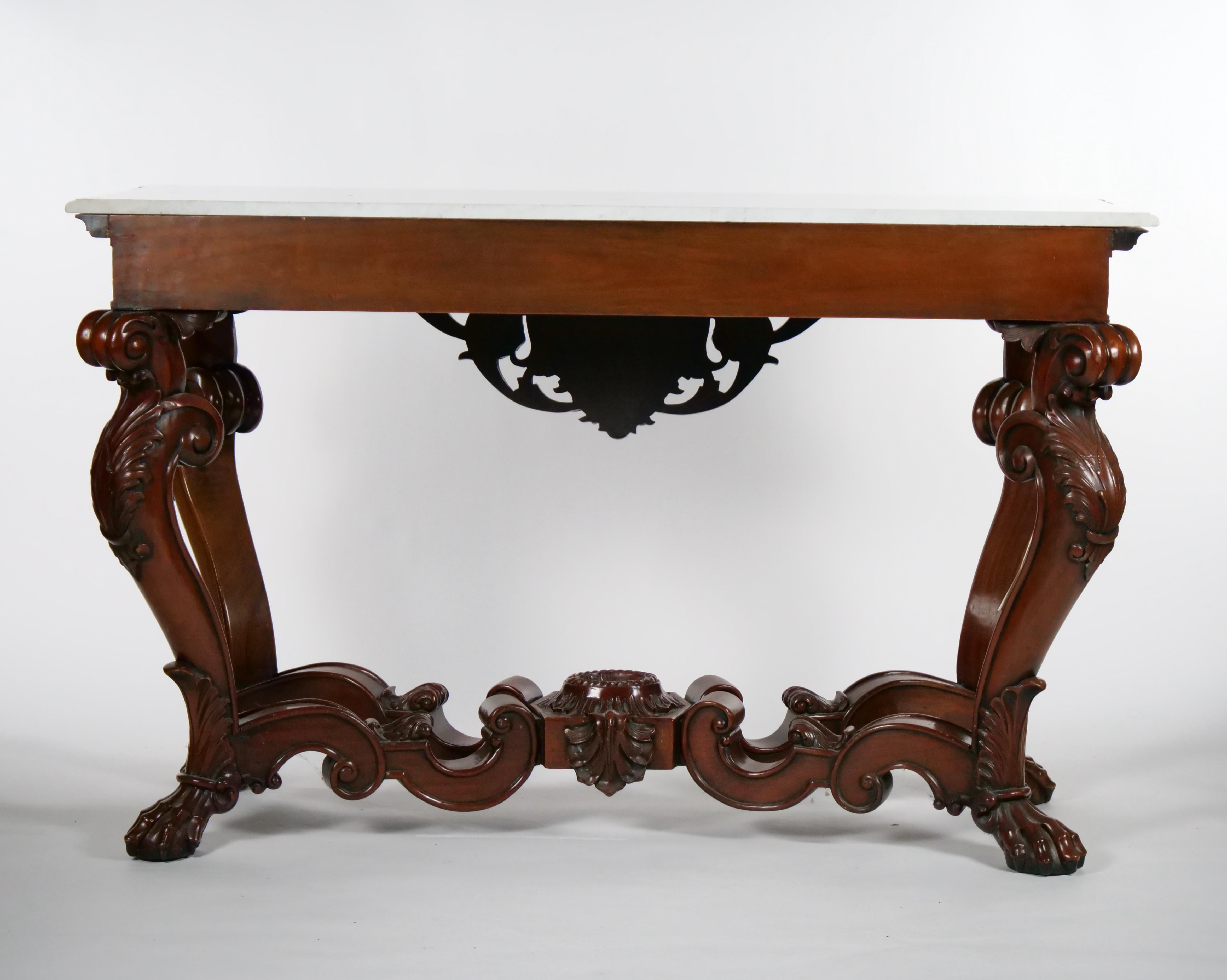 Grand Continental Rococo Style Carved Mahogany Foyer / Console Table In Good Condition For Sale In Tarry Town, NY