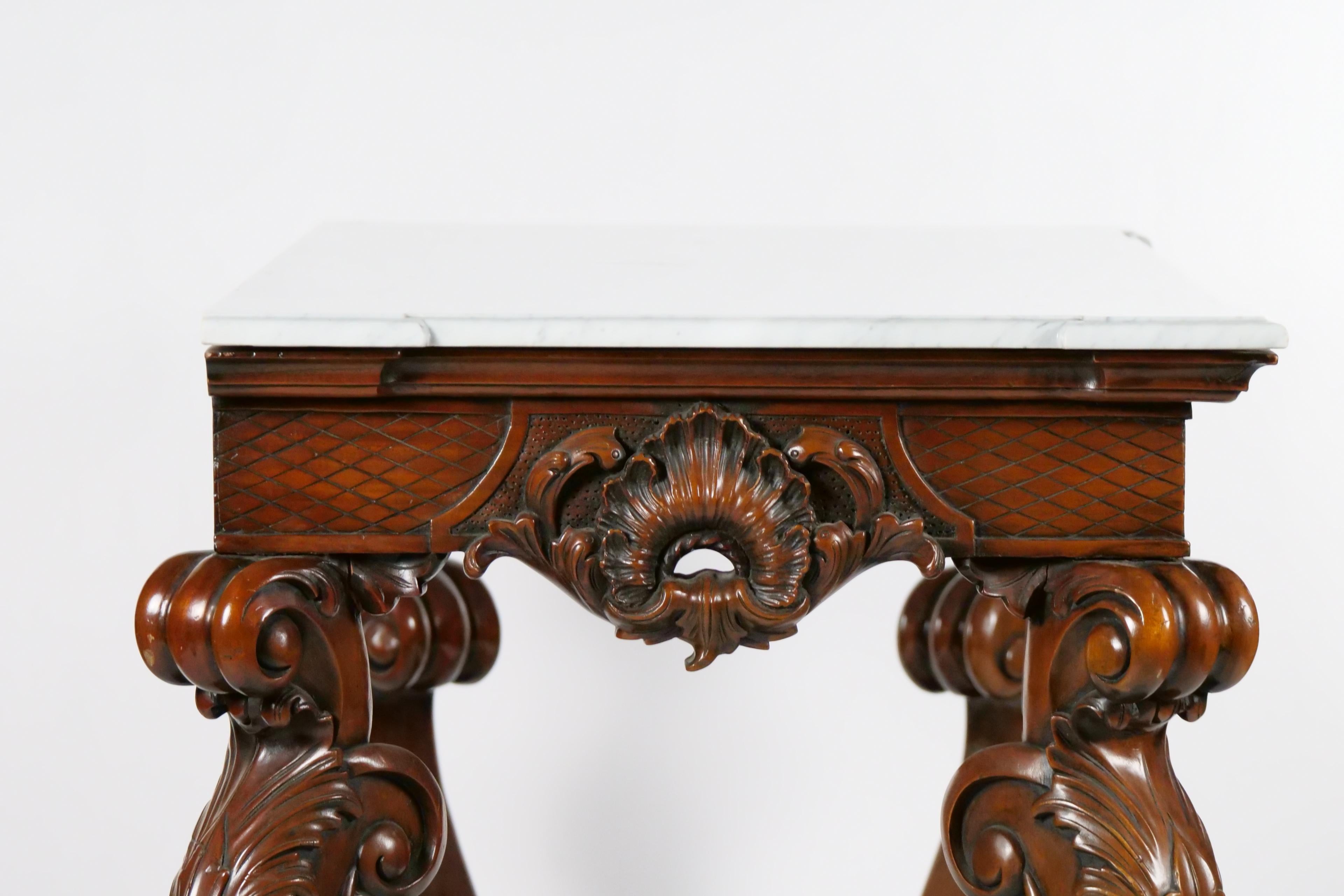 Marble Grand Continental Rococo Style Carved Mahogany Foyer / Console Table For Sale
