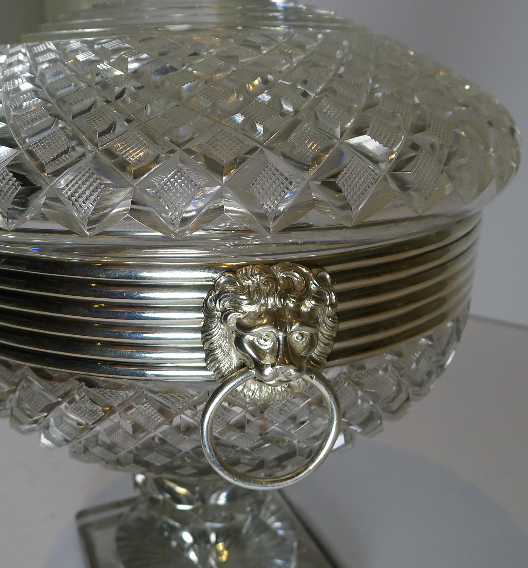 Late Victorian Grand Cut Crystal & Dutch Silver Covered Sweet / Candy Bowl c.1880 For Sale