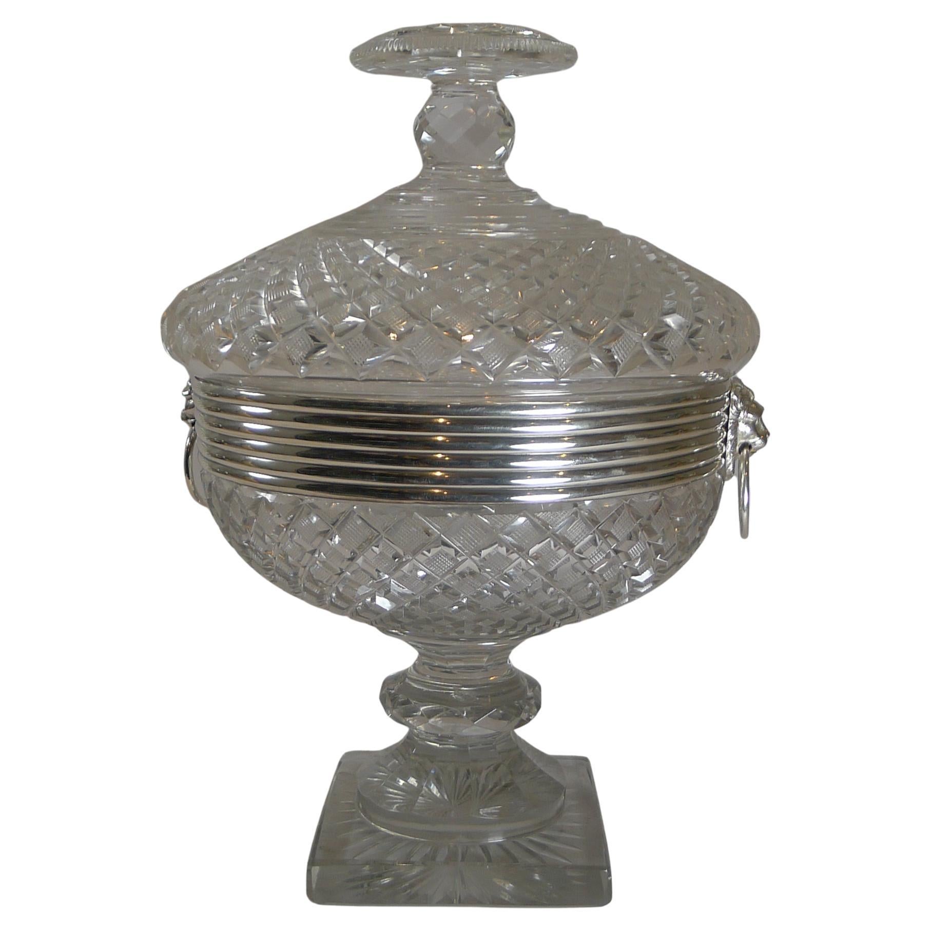 Sweet / Candy Bowl aus geschliffenem Kristall und holländischem Silber mit Deckel, um 1880