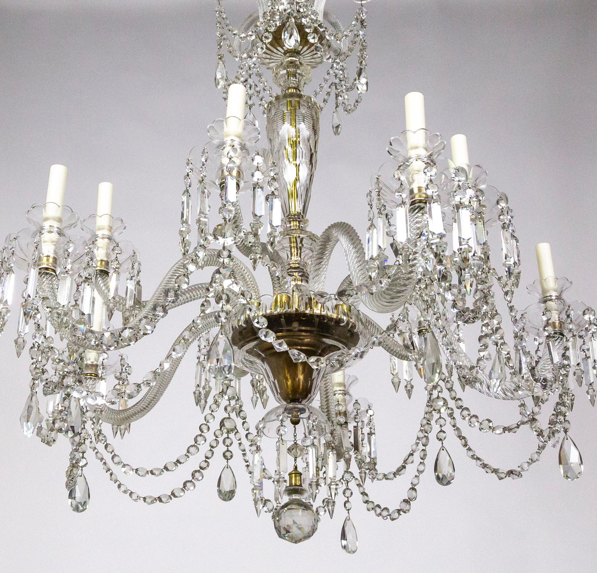 British Grand Cut Crystal George III Chandelier w/ Faceted Column  For Sale