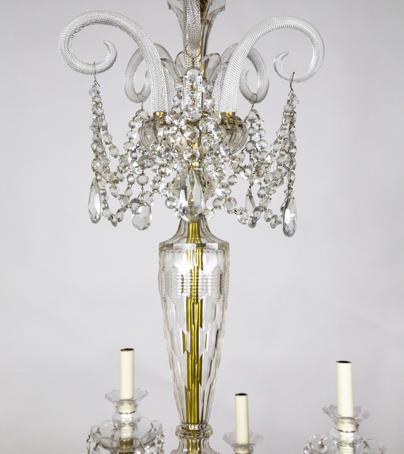 Grand Cut Crystal George III Chandelier w/ Faceted Column  In Good Condition For Sale In San Francisco, CA