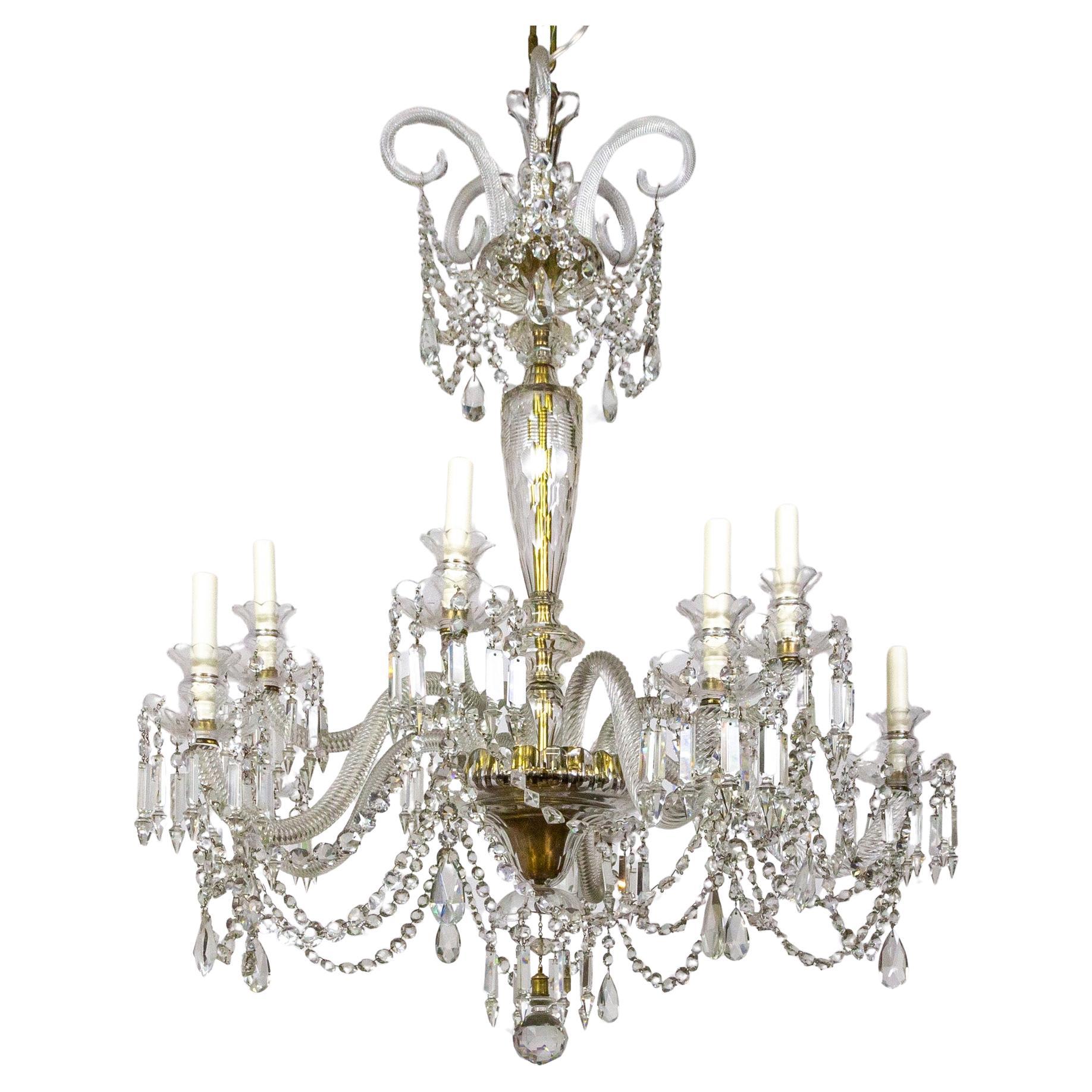 Grand Cut Crystal George III Chandelier w/ Faceted Column  For Sale