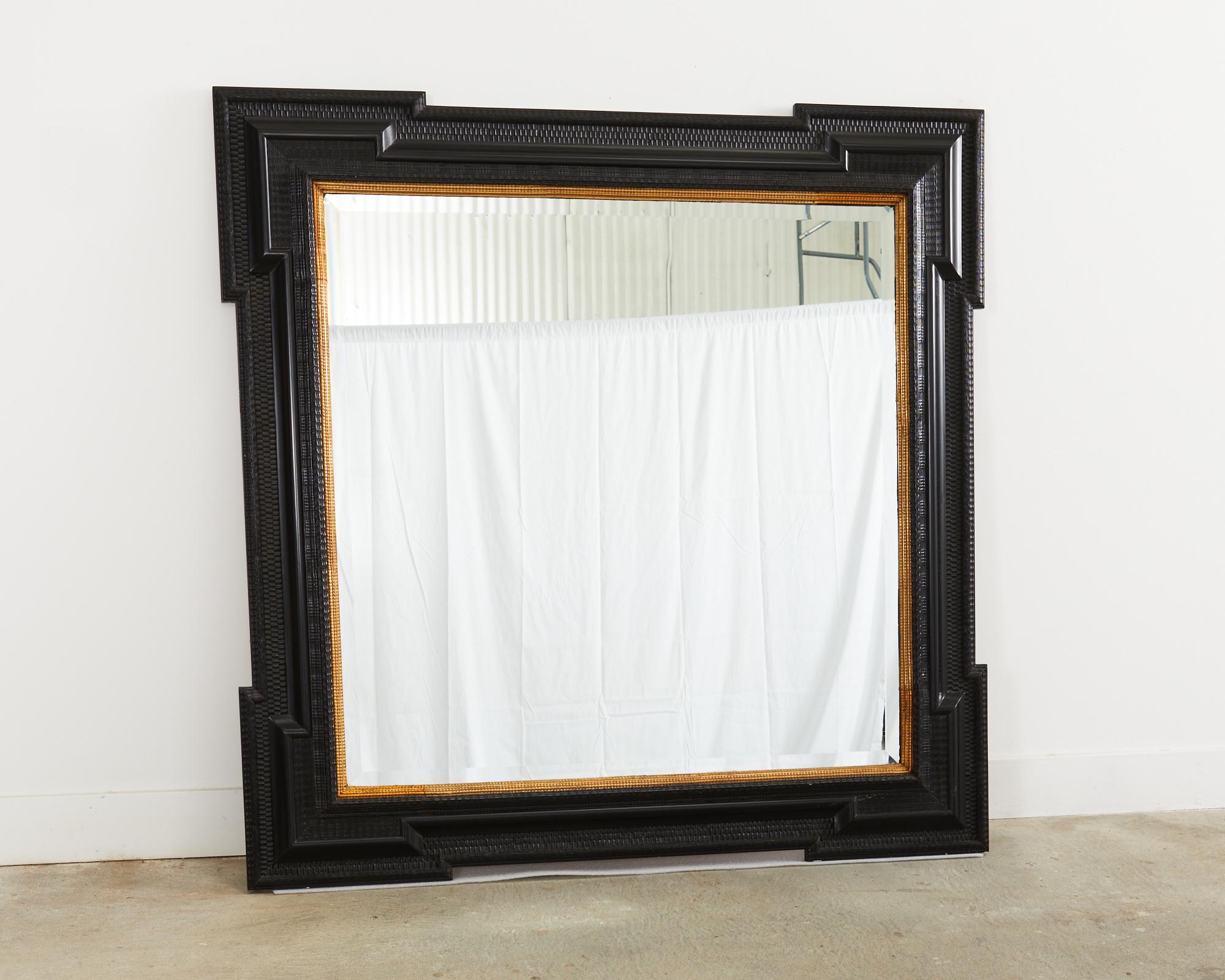 Italian Grand Dutch Baroque Style Ebonized Beveled Glass Ripple Mirror