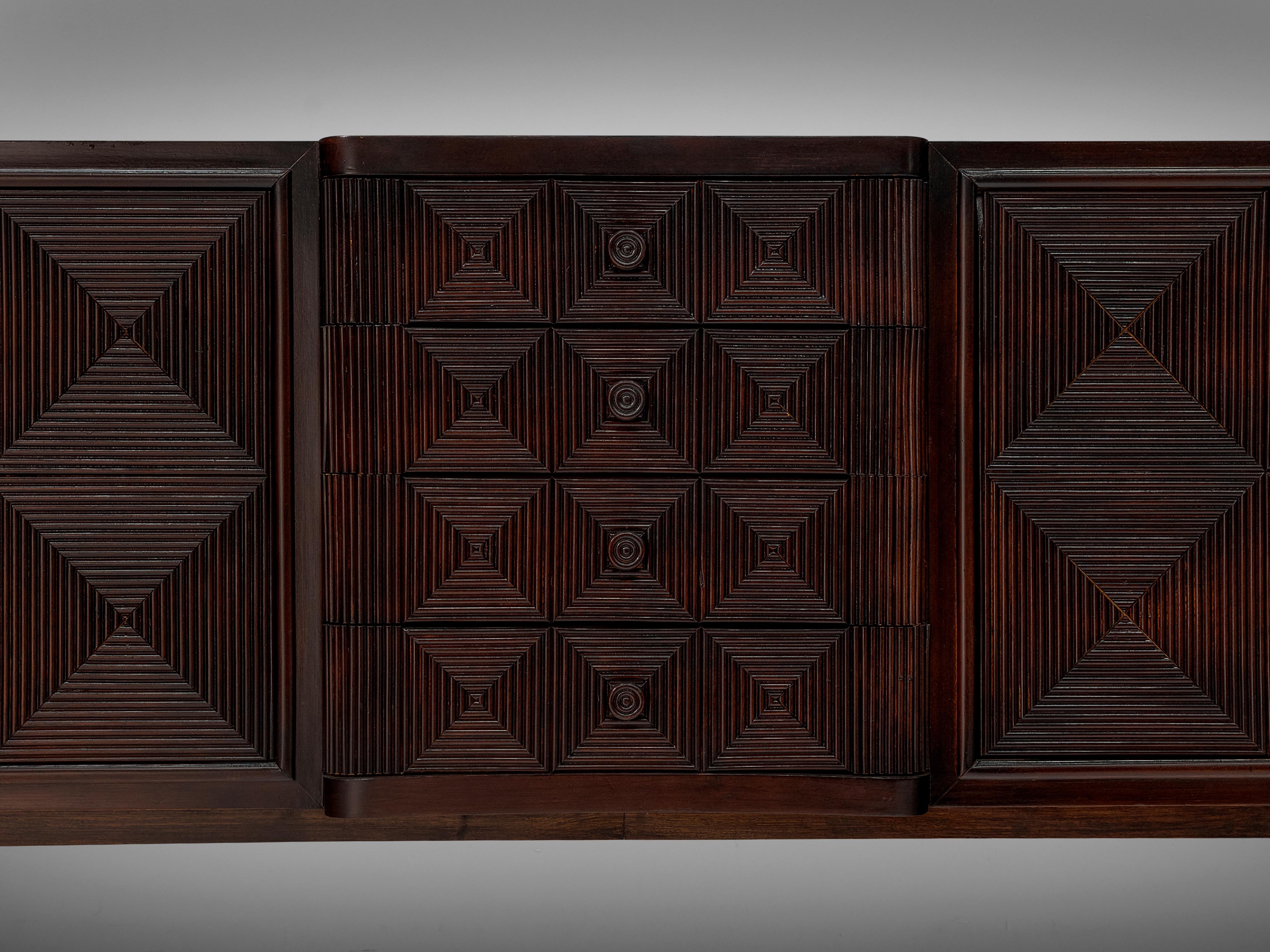 Mid-20th Century Grand European Sideboard in Stained Wood with Carved Doors