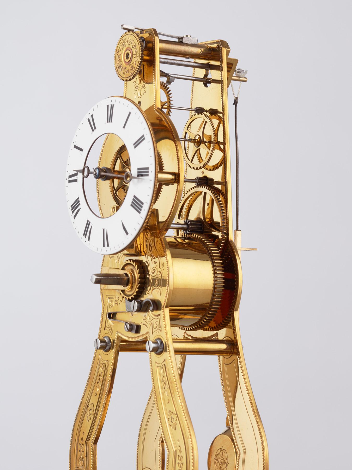 Engraved Grand Exhibition Skeleton Clock  For Sale