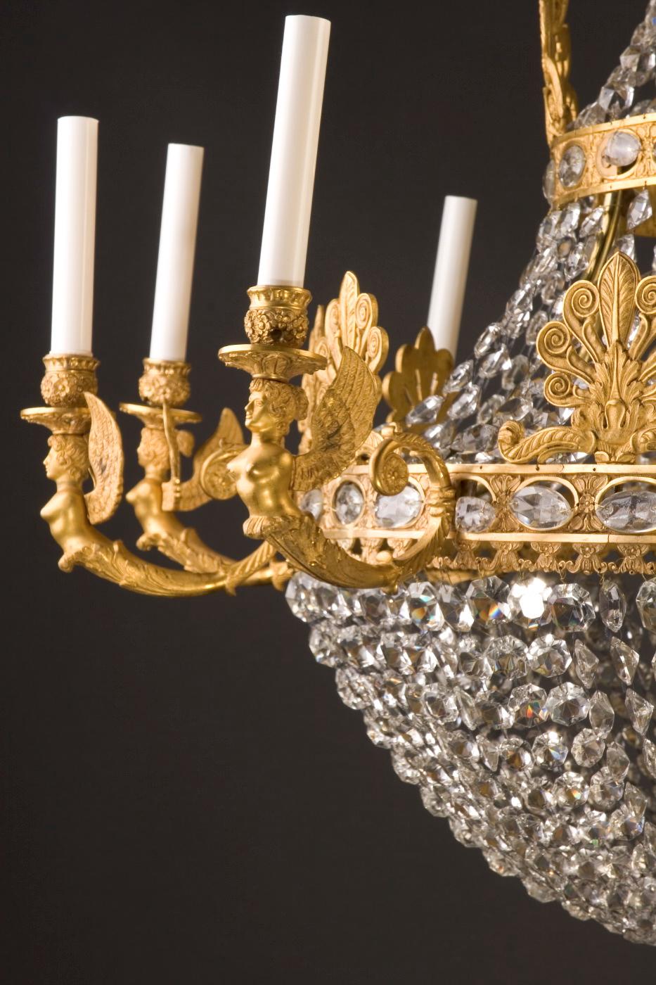 Gold Plate Grand French 19th Century Empire Bronze d’Ore and Crystal Chandelier For Sale