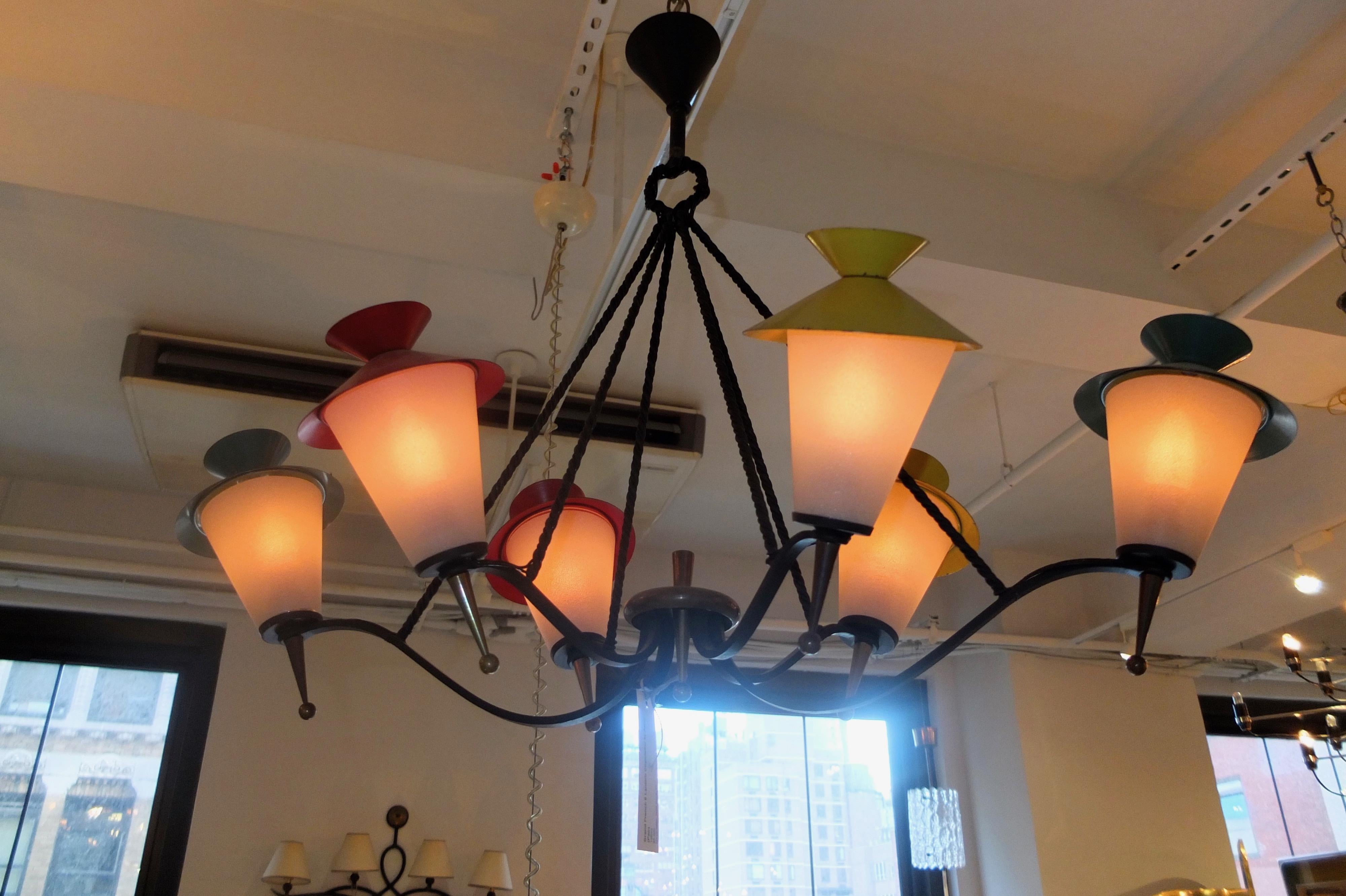 Mid-20th Century Grand French 6 Lantern Chandelier by Arlus (Pair) For Sale