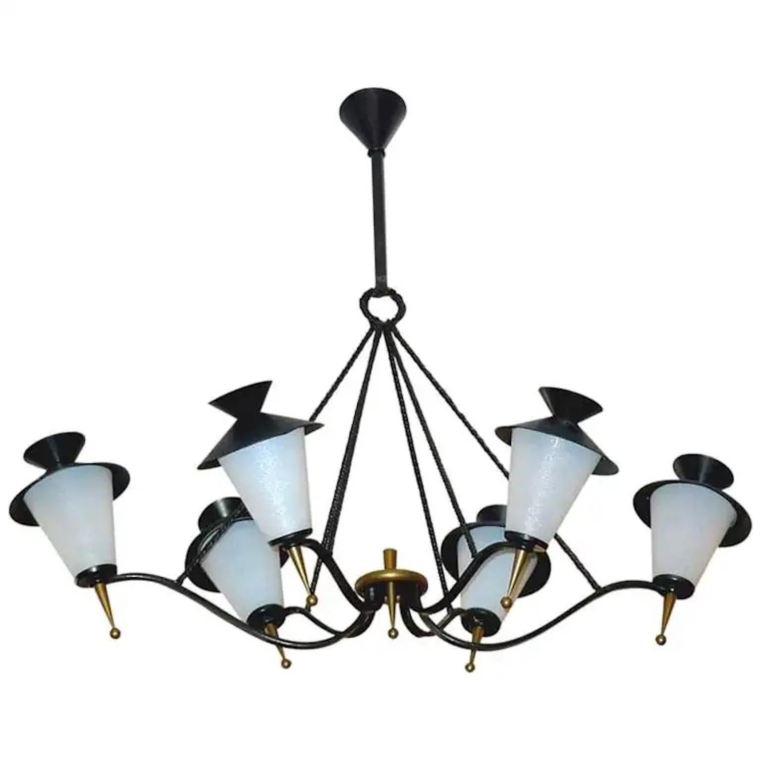 Iron Grand French 6 Lantern Chandelier by Arlus (Pair) For Sale