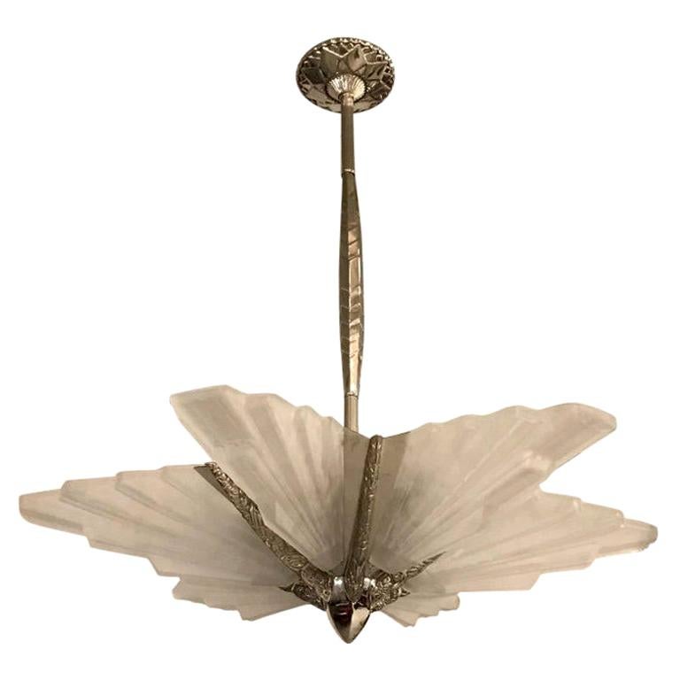 Grand French Art Deco Six-Panel Starburst Chandelier in the Manner of Sabino For Sale