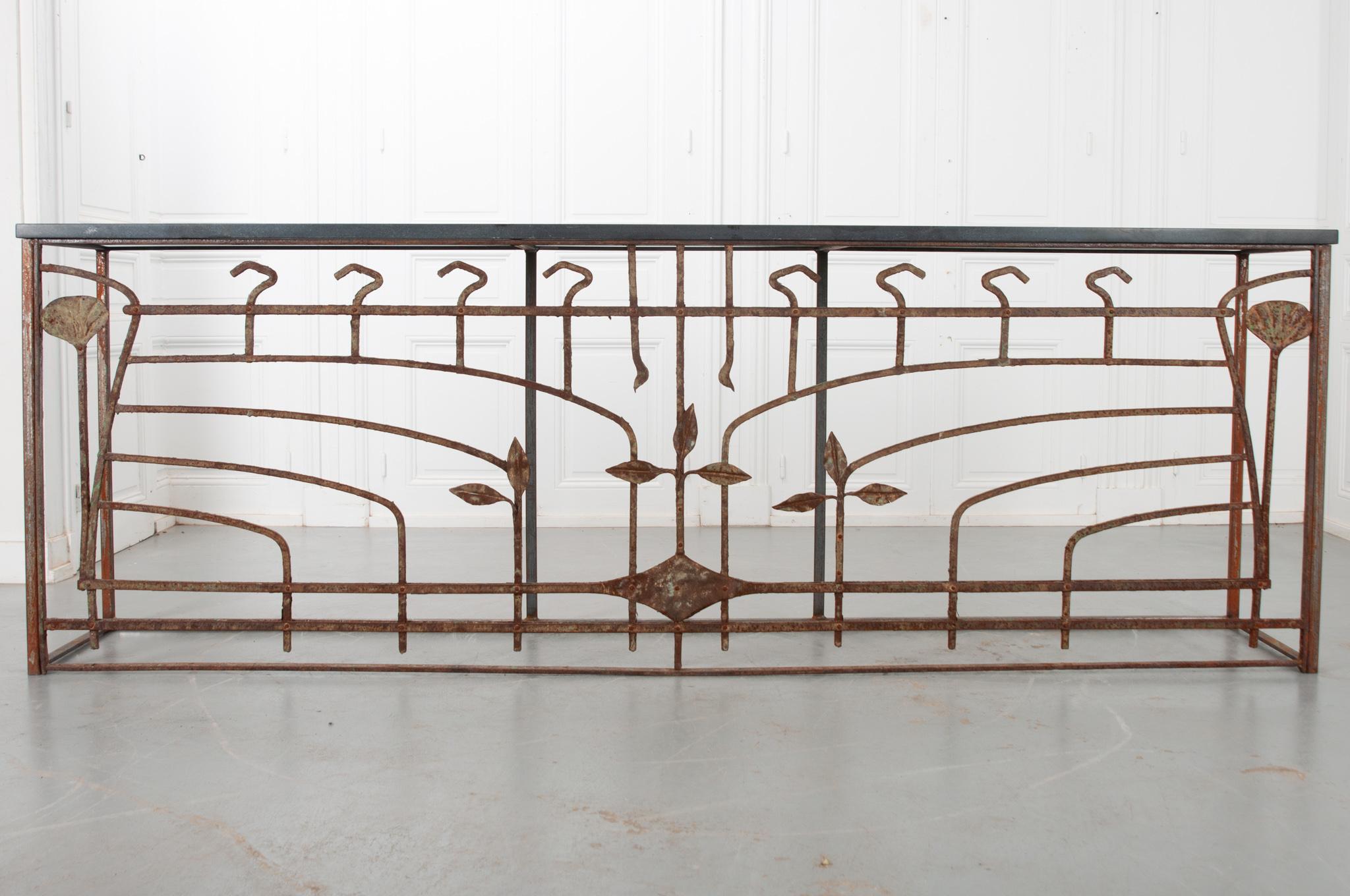 Rustic Grand French Art Nouveau Iron & Stone Console For Sale