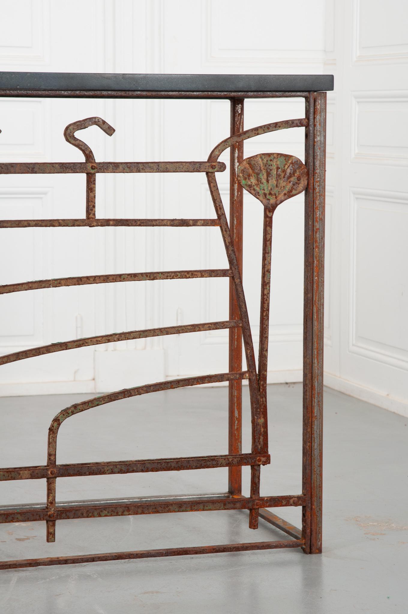 Forged Grand French Art Nouveau Iron & Stone Console For Sale