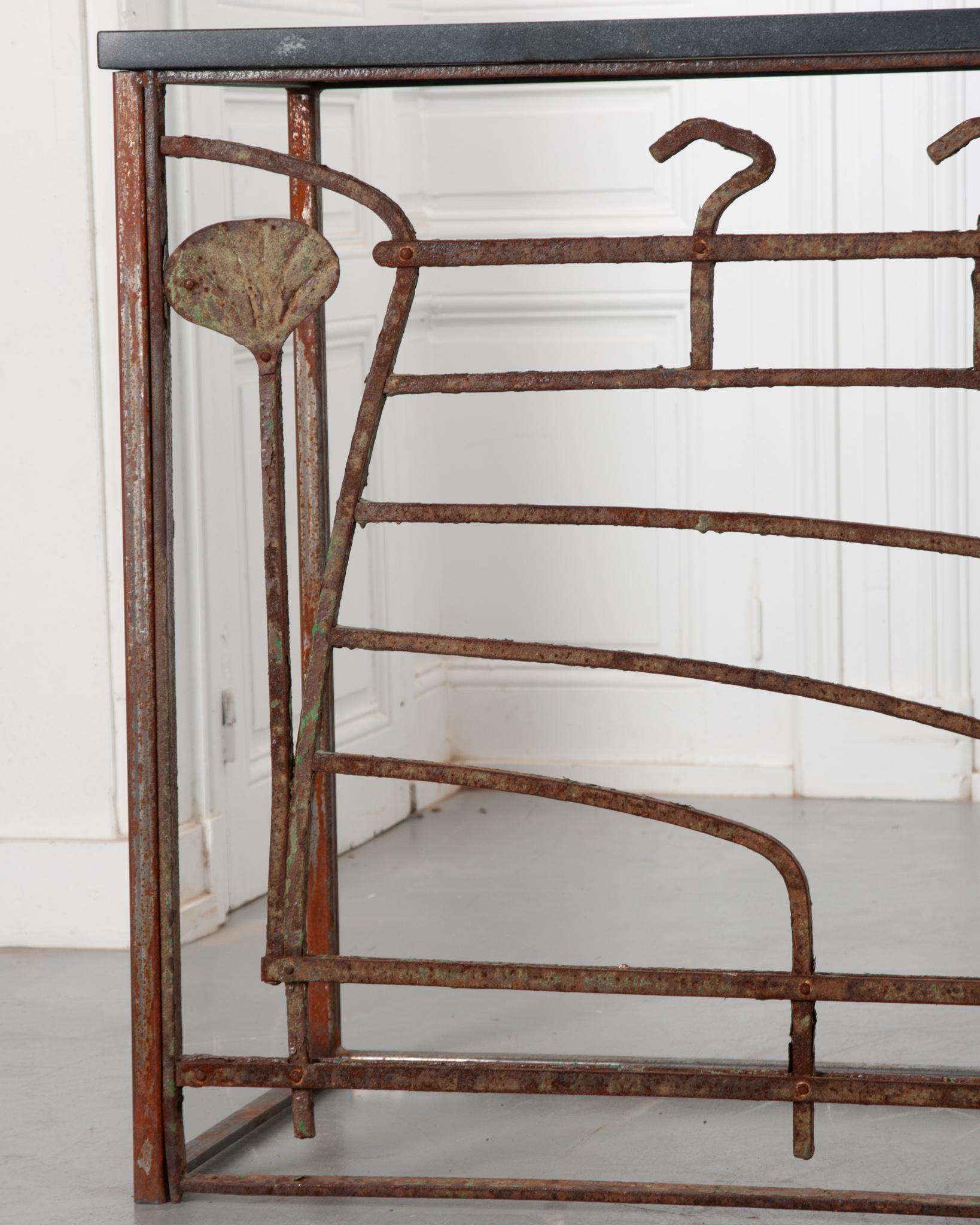 19th Century Grand French Art Nouveau Iron & Stone Console For Sale