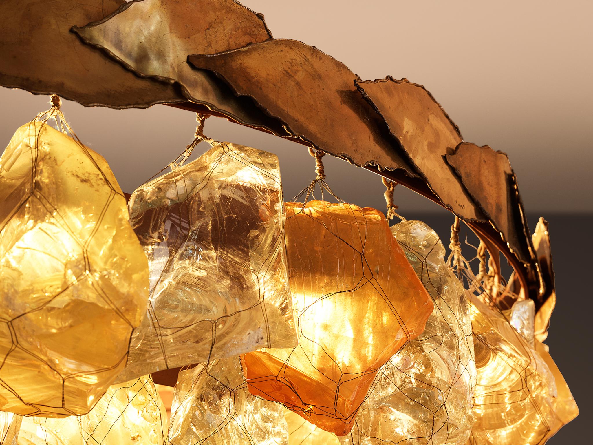 Mid-Century Modern Grand French Chandeliers with Colorful Glass and Brass Leaves