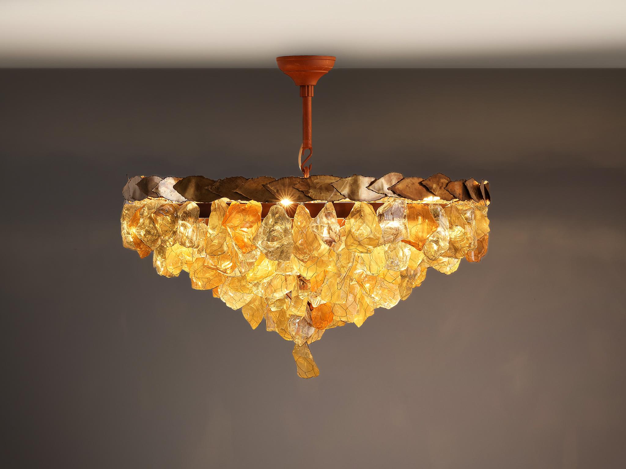 Mid-20th Century Grand French Chandeliers with Colorful Glass and Brass Leaves