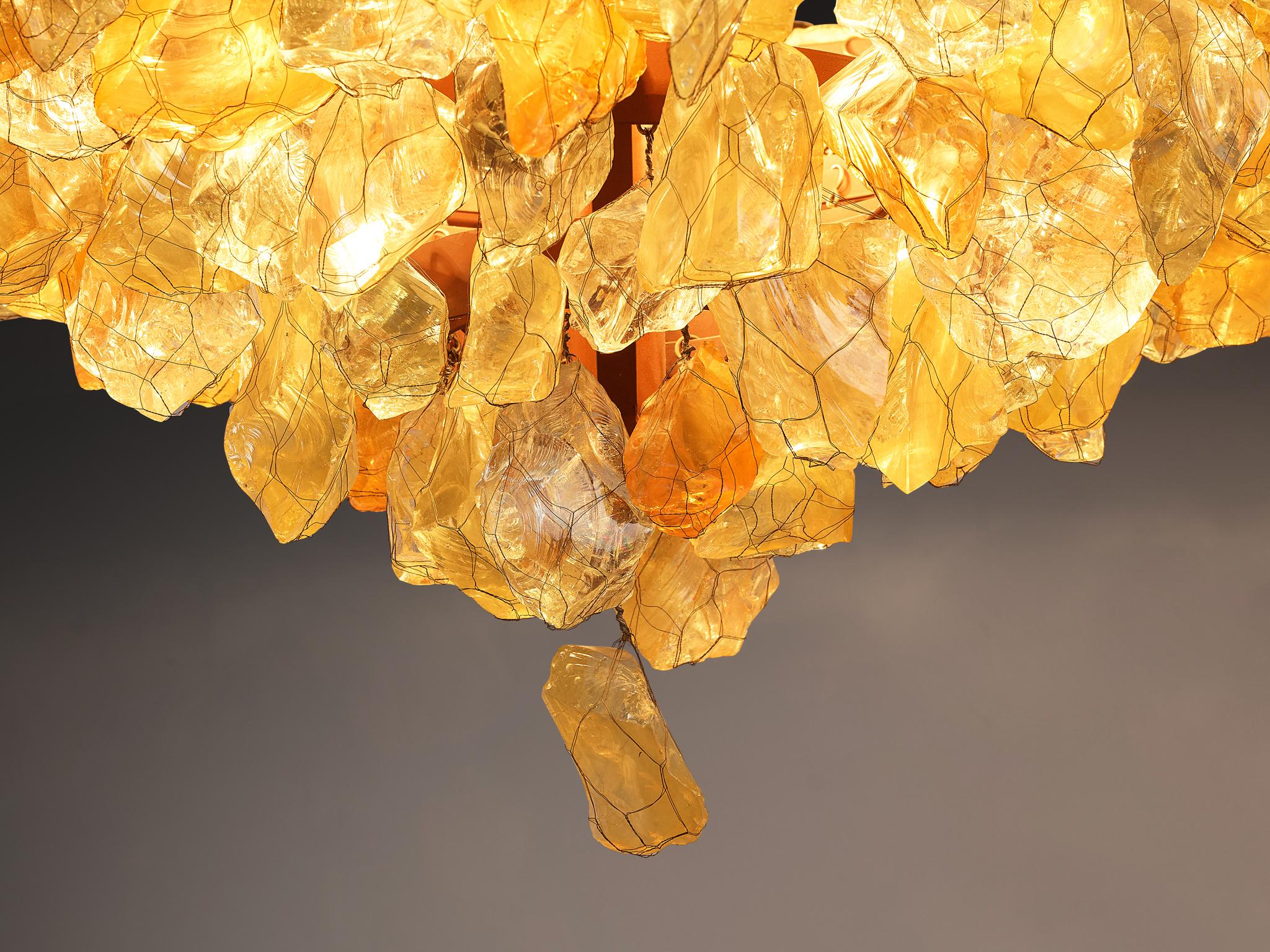 Grand French Chandeliers with Colorful Glass and Brass Leaves 1