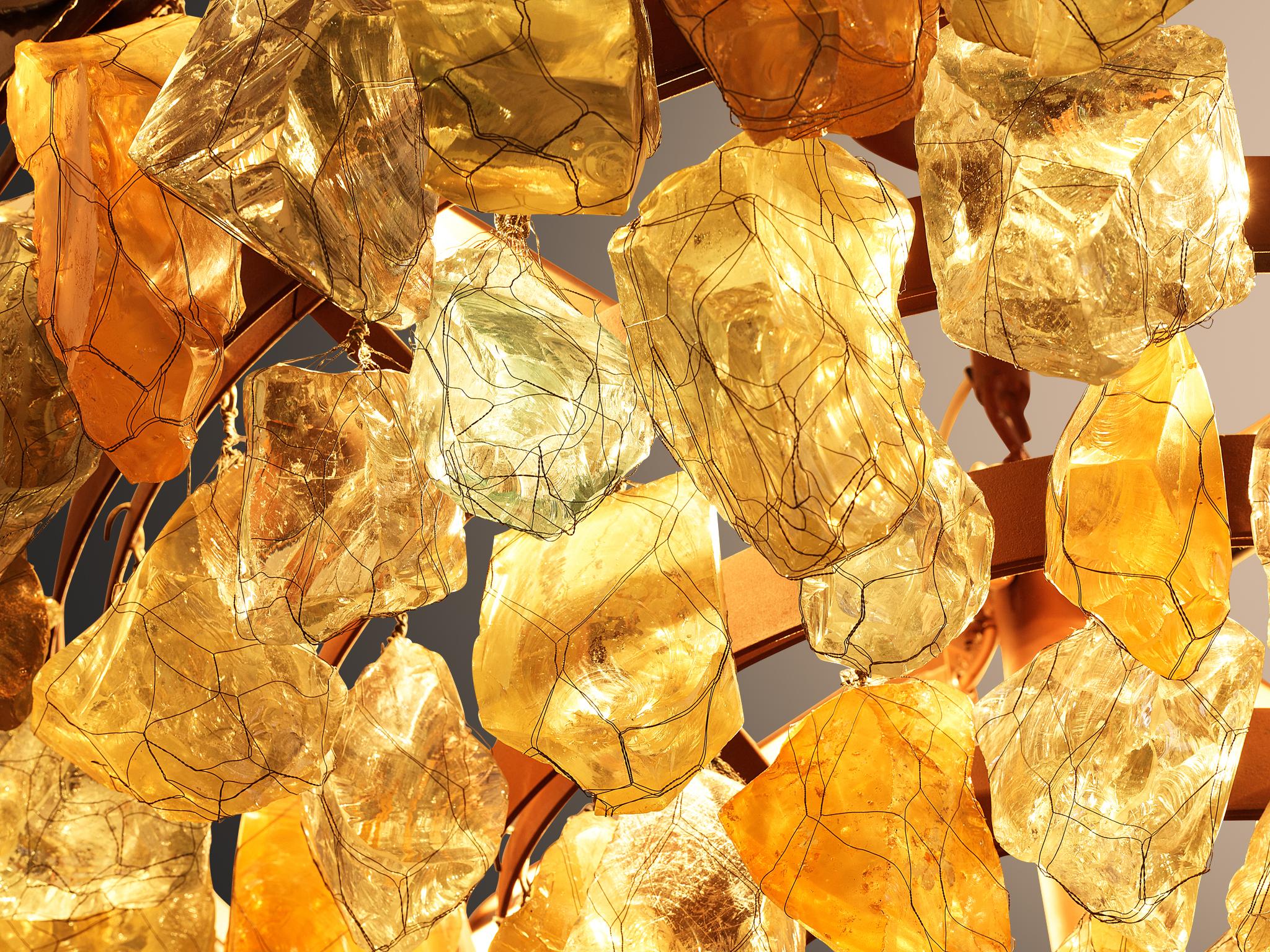 Grand French Chandeliers with Colorful Glass and Brass Leaves 2
