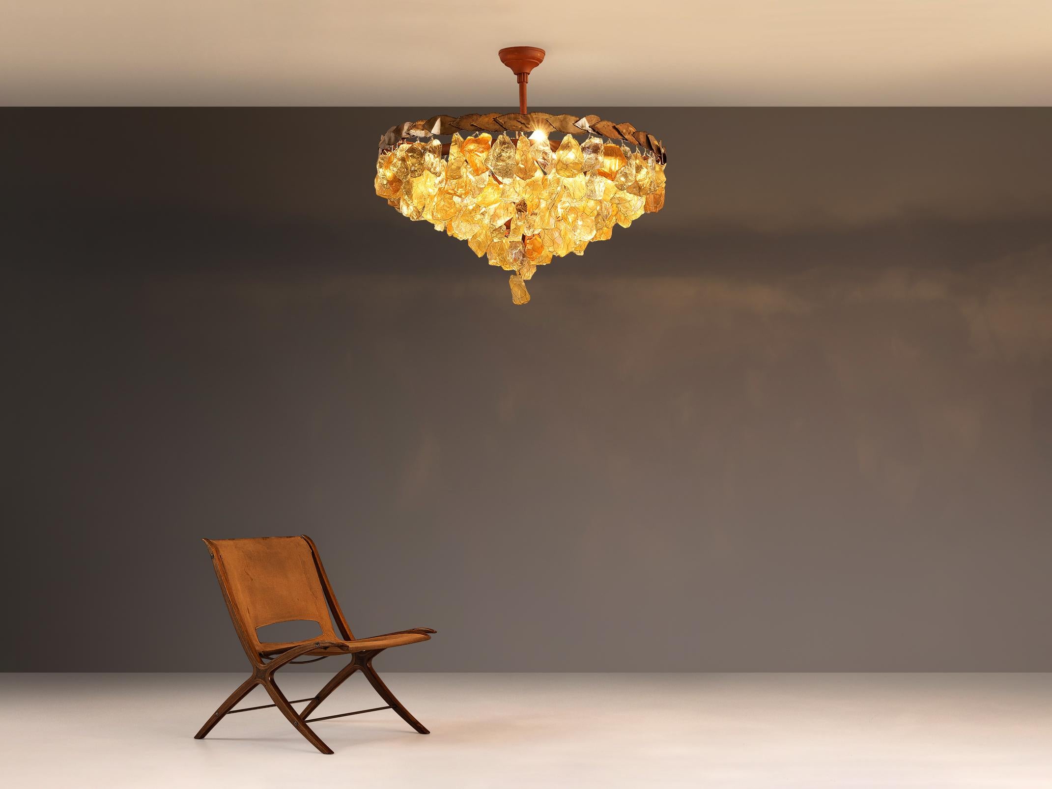 Grand French Chandeliers with Colorful Glass and Brass Leaves 3