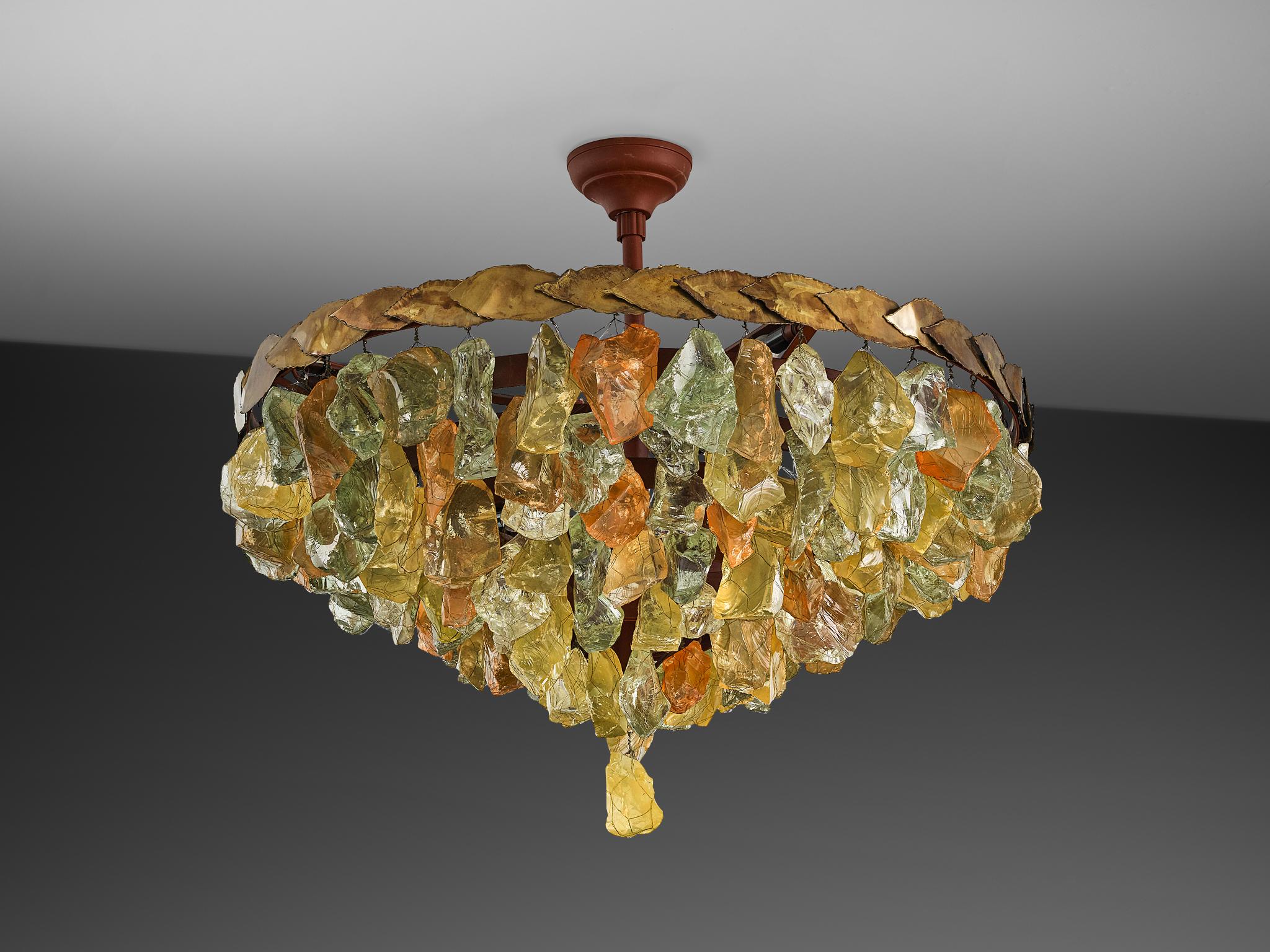 Grand French Chandeliers with Colorful Glass and Brass Leaves 4