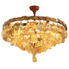 Grand French Chandeliers with Colorful Glass and Brass Leaves