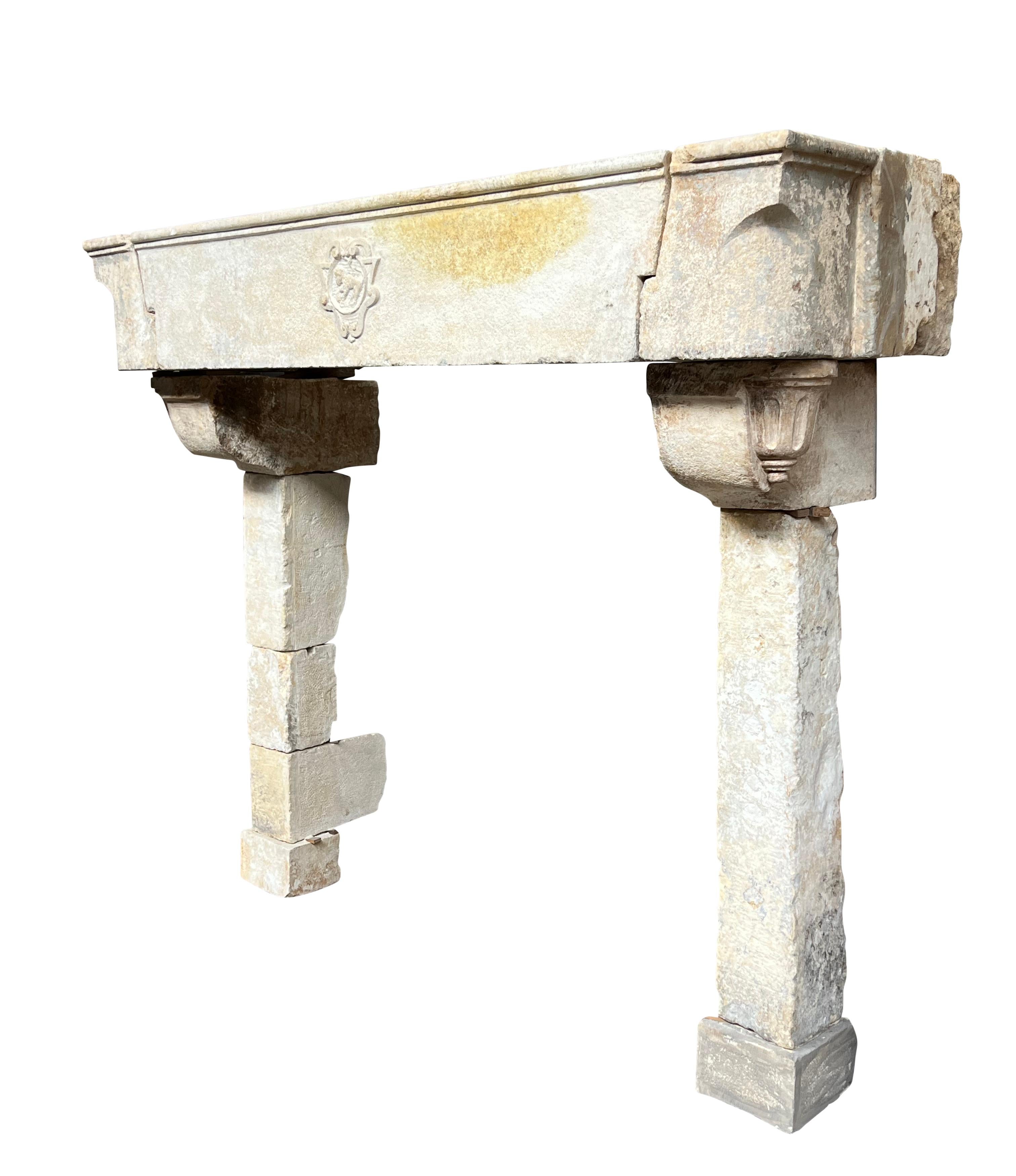 Grand French Cottage Chateau Fireplace In Limestone With Lion Detail For Sale 7