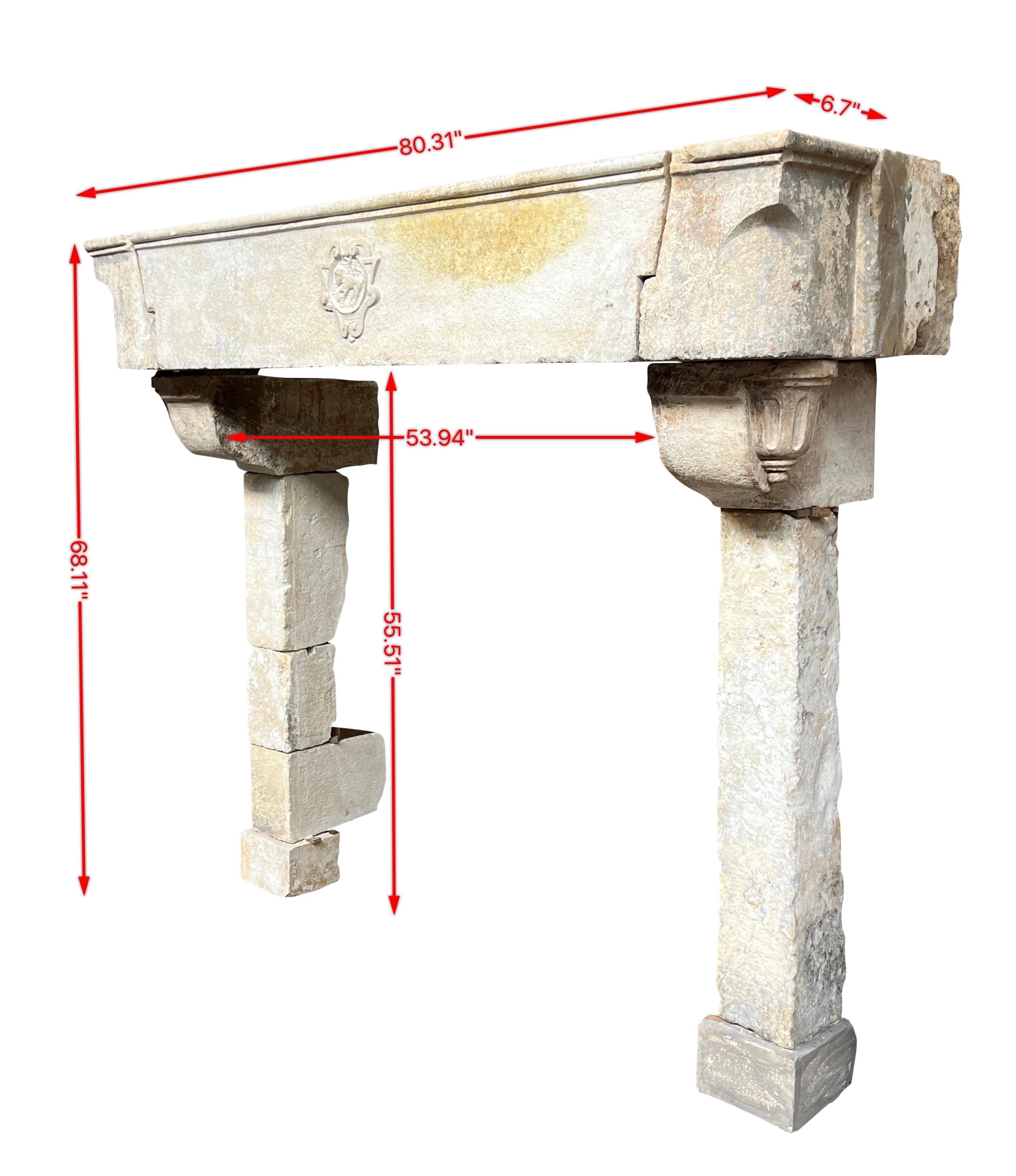 One of a kind French castle fireplace surround in limestone.
This statement mantle piece has rounded corners and fantastic original wear. The central cartouche figures a lion.
Measurements:
204 cm Exterior Width 80,31 Inch
173 cm Exterior Height