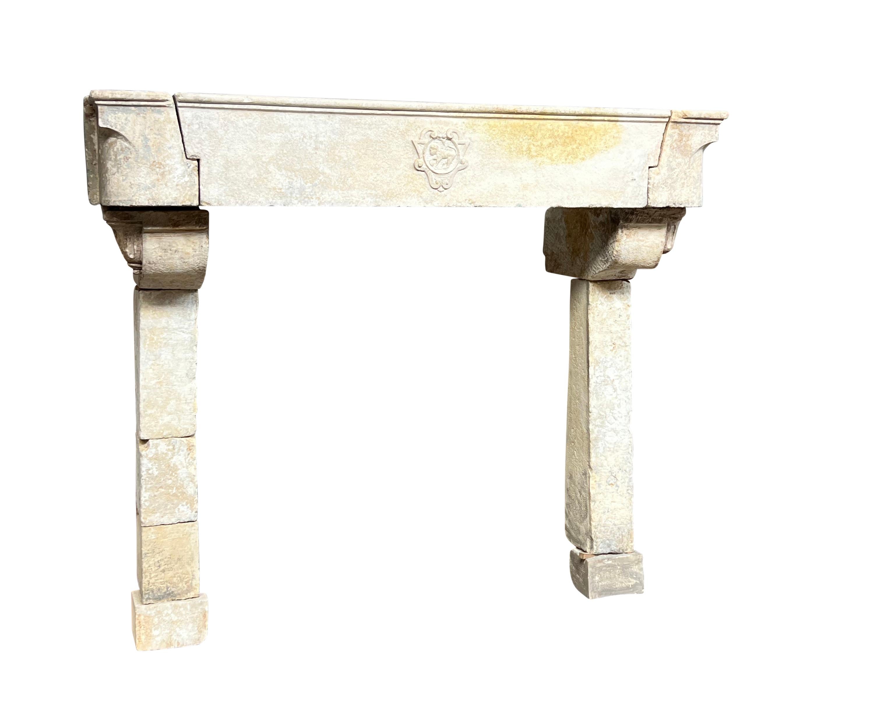 Hand-Carved Grand French Cottage Chateau Fireplace In Limestone With Lion Detail For Sale