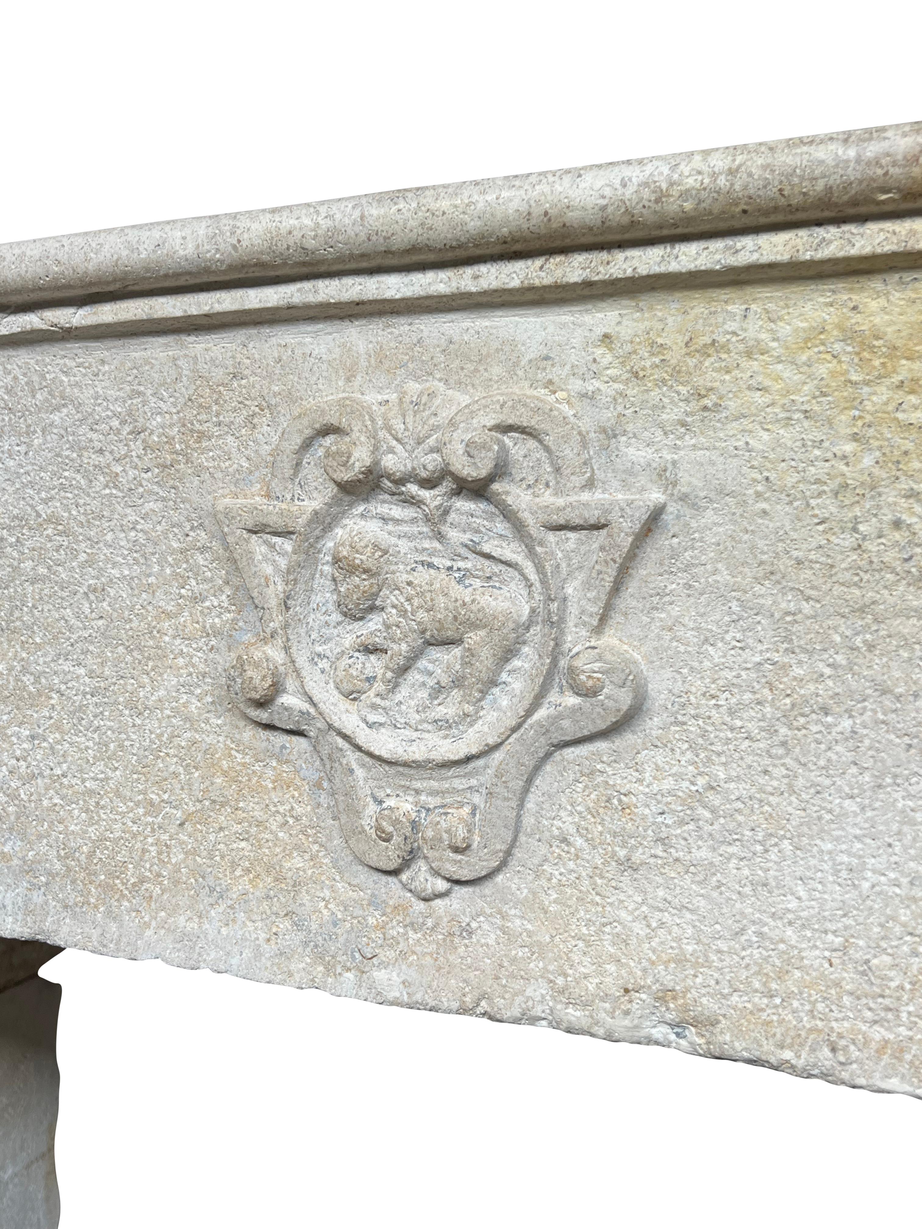 Grand French Cottage Chateau Fireplace In Limestone With Lion Detail For Sale 1