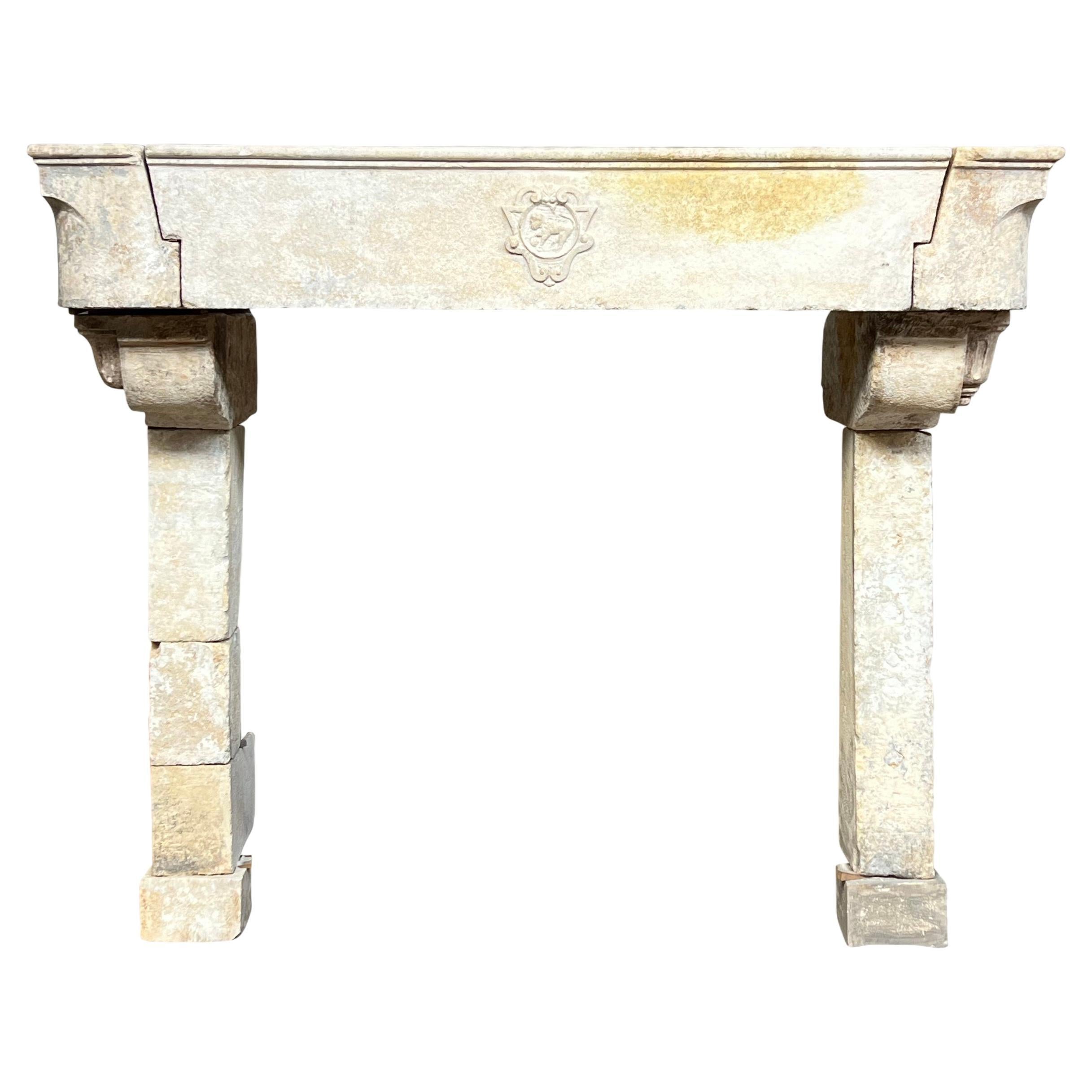 Grand French Cottage Chateau Fireplace In Limestone With Lion Detail For Sale
