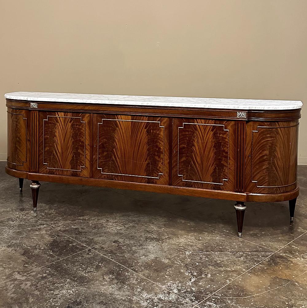 Hand-Crafted Grand French Louis XVI Flame Mahogany Buffet with Carrara Marble For Sale