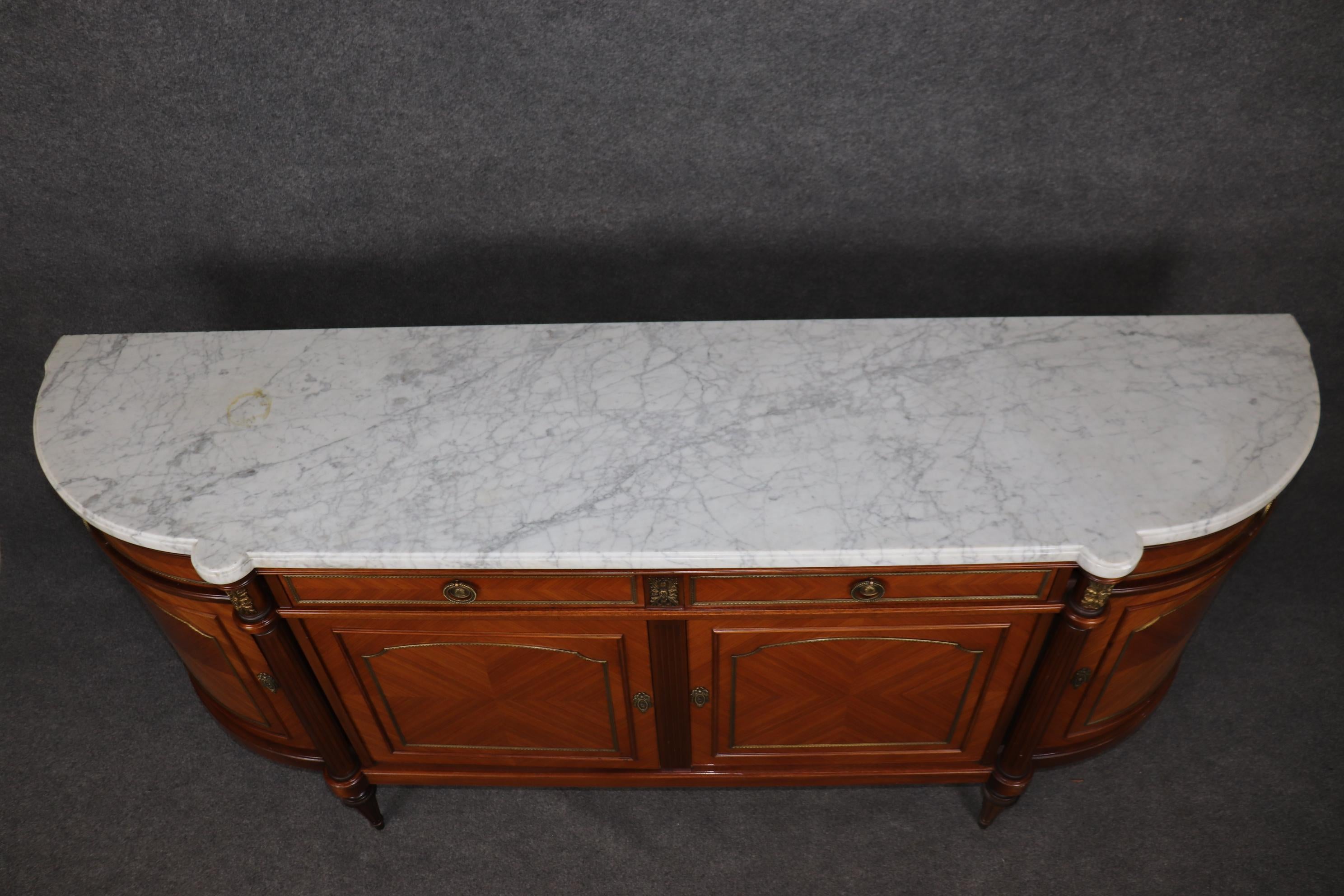 Grand French Louis XVI Kingwood Brass trimmed Demilune Marble Top Sideboard In Good Condition For Sale In Swedesboro, NJ