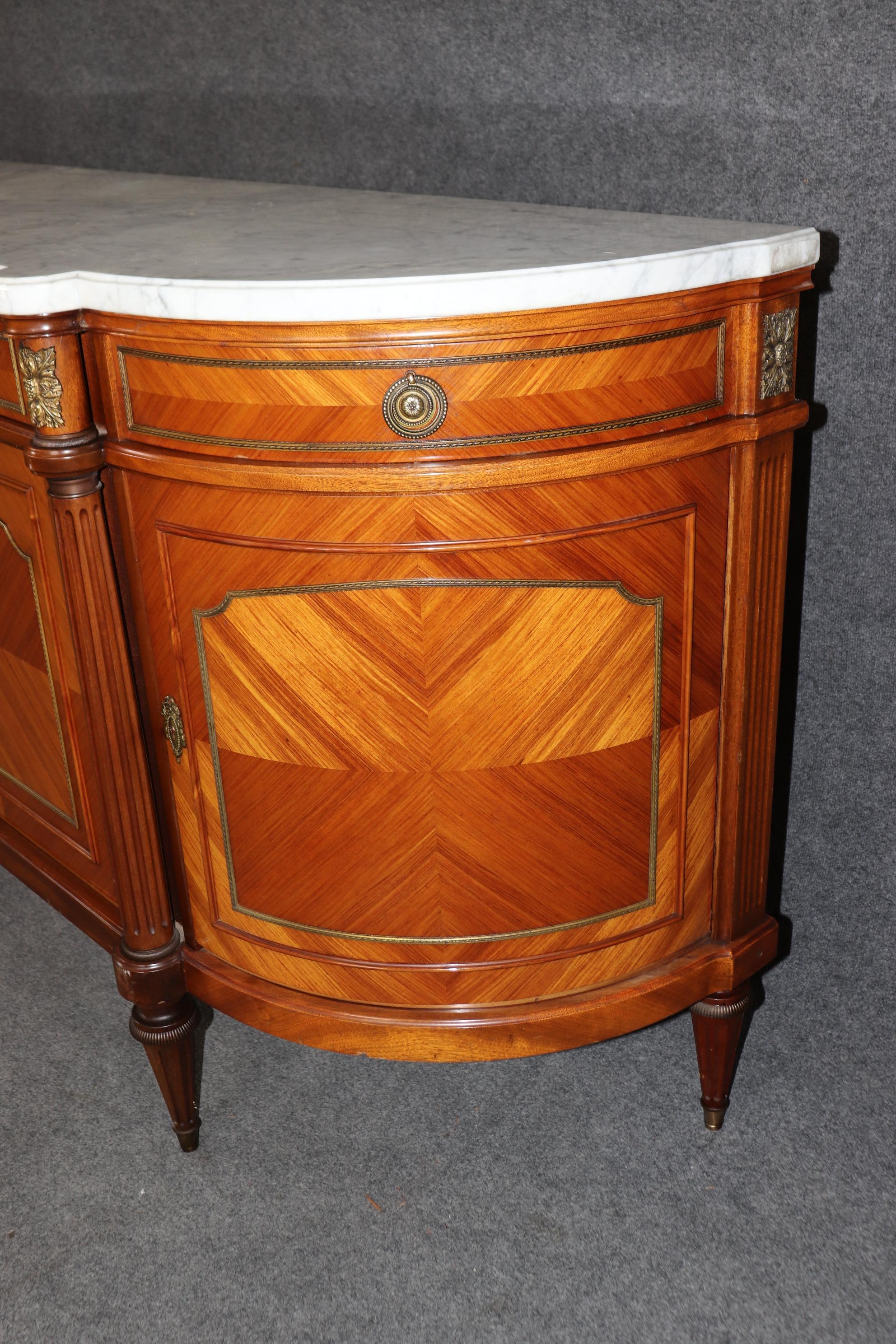 Mid-20th Century Grand French Louis XVI Kingwood Brass trimmed Demilune Marble Top Sideboard For Sale