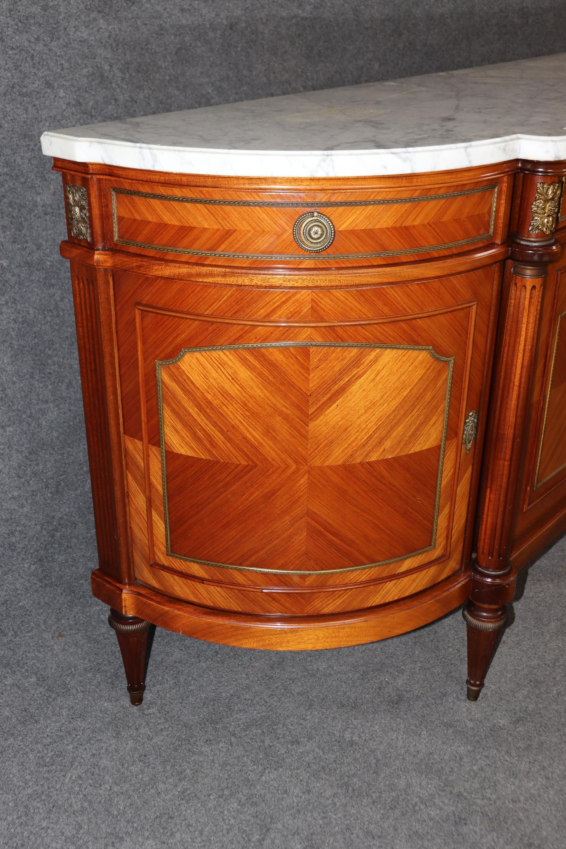Grand French Louis XVI Kingwood Brass trimmed Demilune Marble Top Sideboard For Sale 1