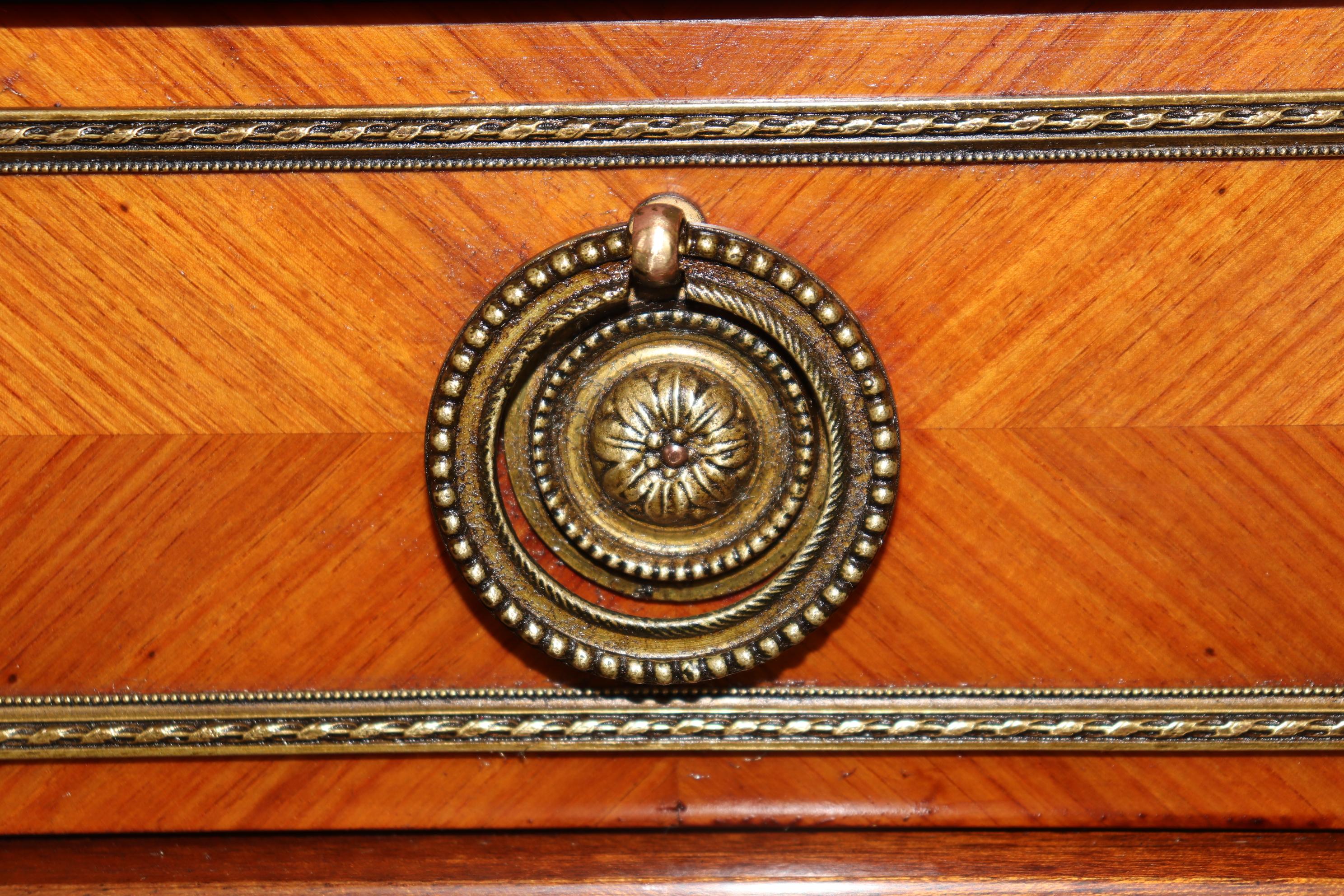 Grand French Louis XVI Kingwood Brass trimmed Demilune Marble Top Sideboard For Sale 4