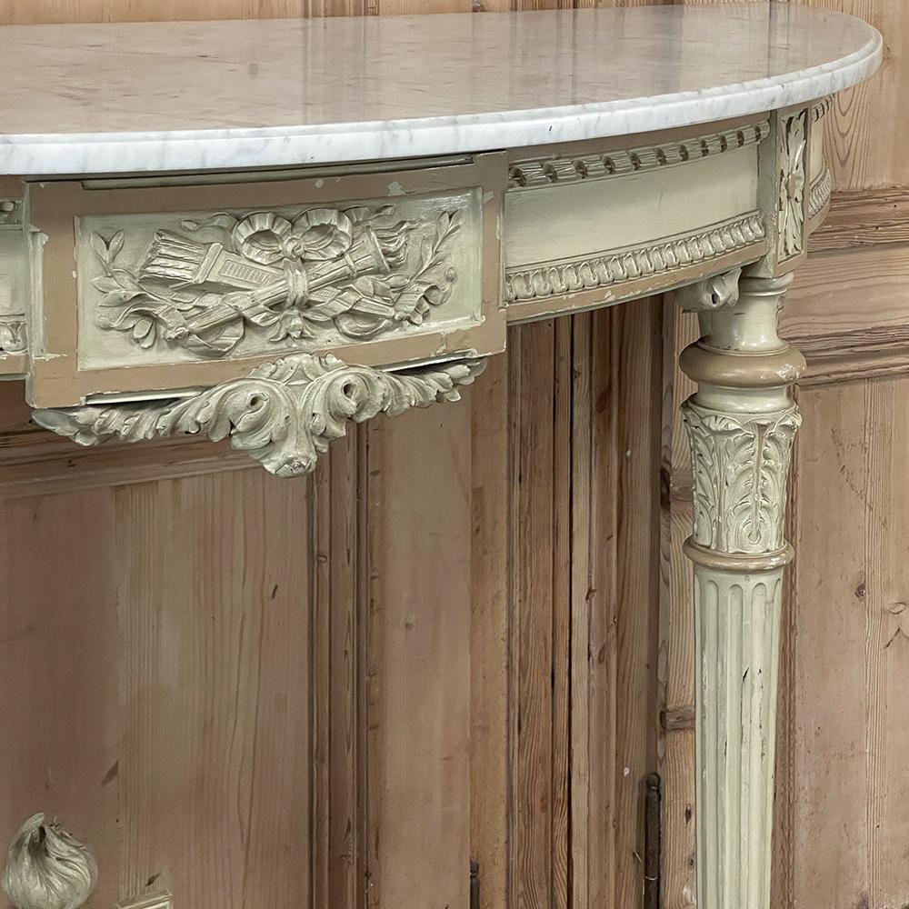 Grand French Louis XVI Painted Demilune Console with Carrara Marble Top For Sale 5