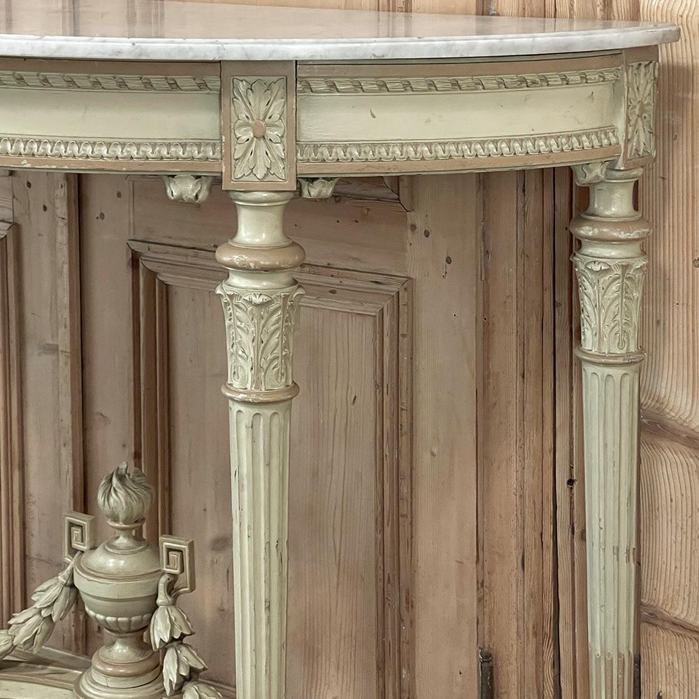Grand French Louis XVI Painted Demilune Console with Carrara Marble Top For Sale 9