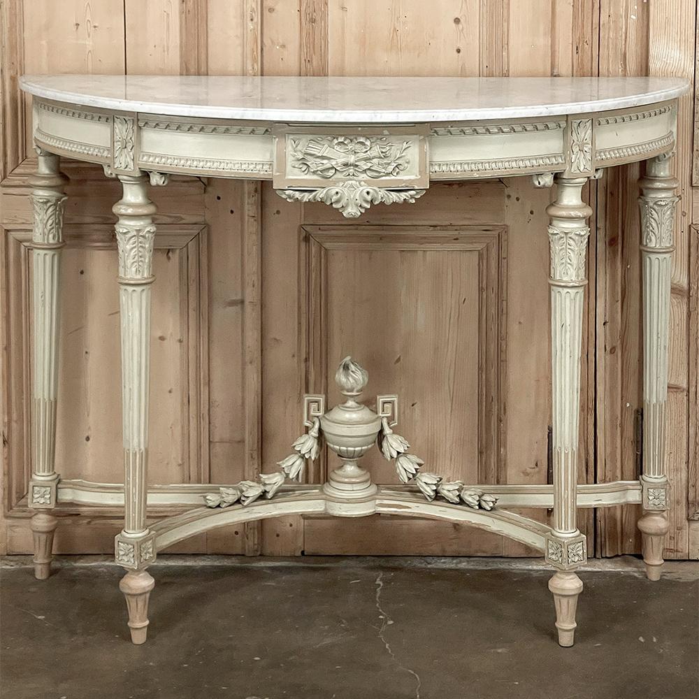 Hand-Carved Grand French Louis XVI Painted Demilune Console with Carrara Marble Top For Sale