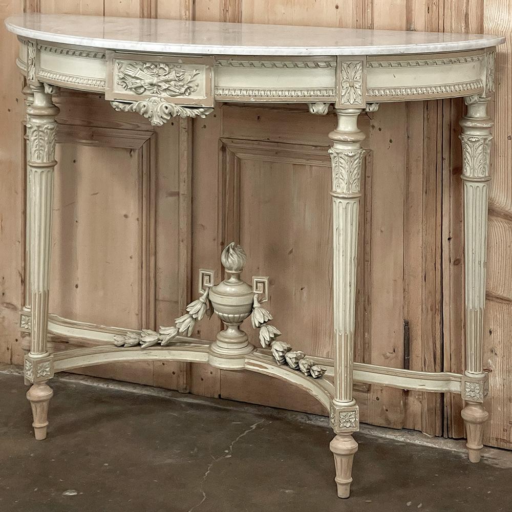 Grand French Louis XVI Painted Demilune Console with Carrara Marble Top In Good Condition For Sale In Dallas, TX